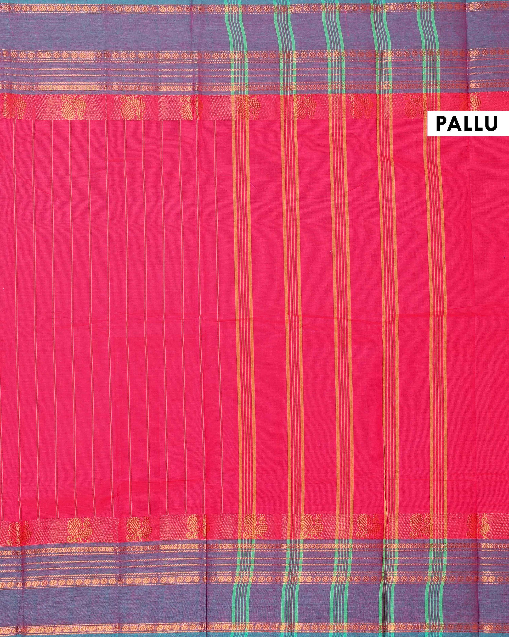 Traditional Chettinad Cotton Saree with Stripe Body and Peacock Motif Border - Pink