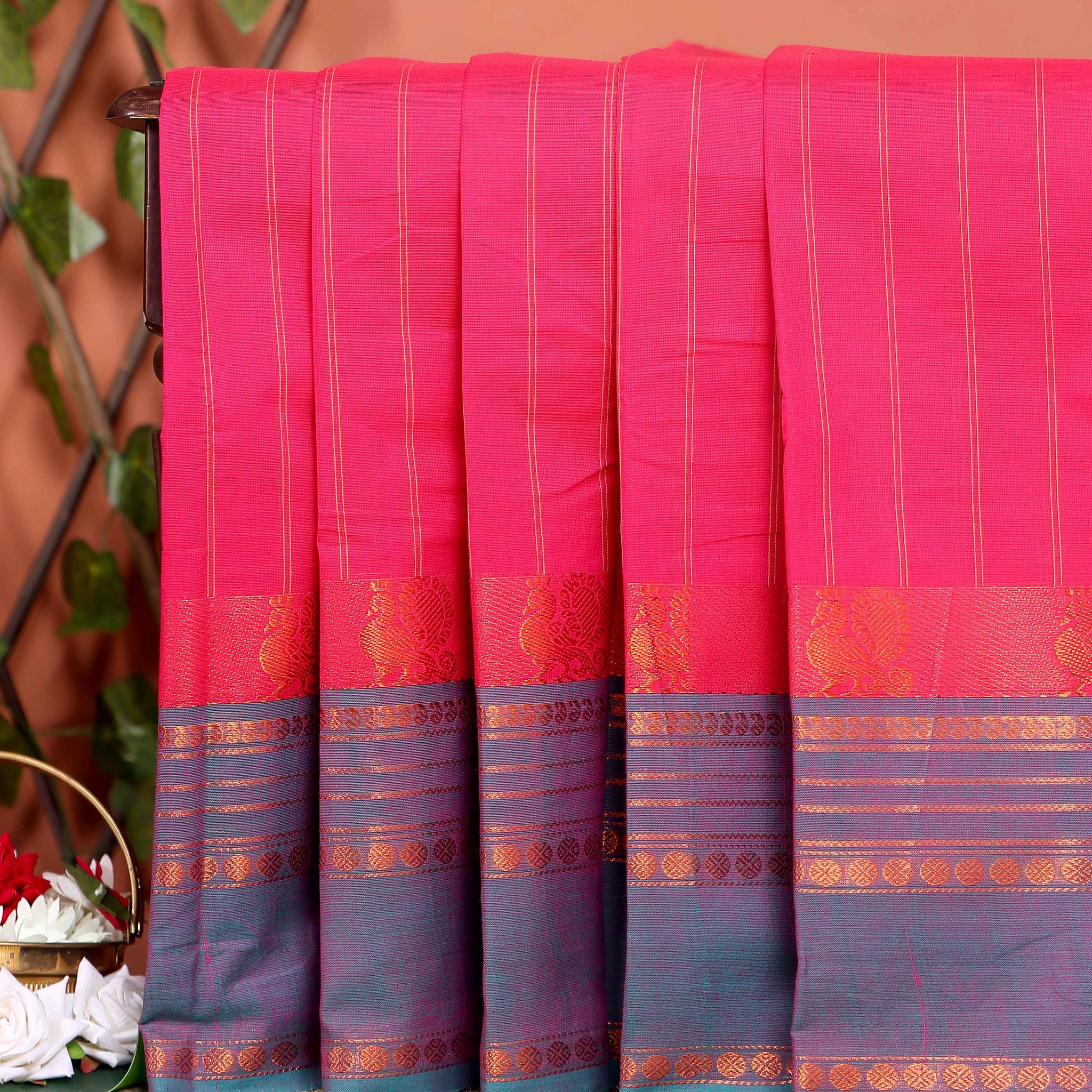 Traditional Chettinad Cotton Saree with Stripe Body and Peacock Motif Border - Pink