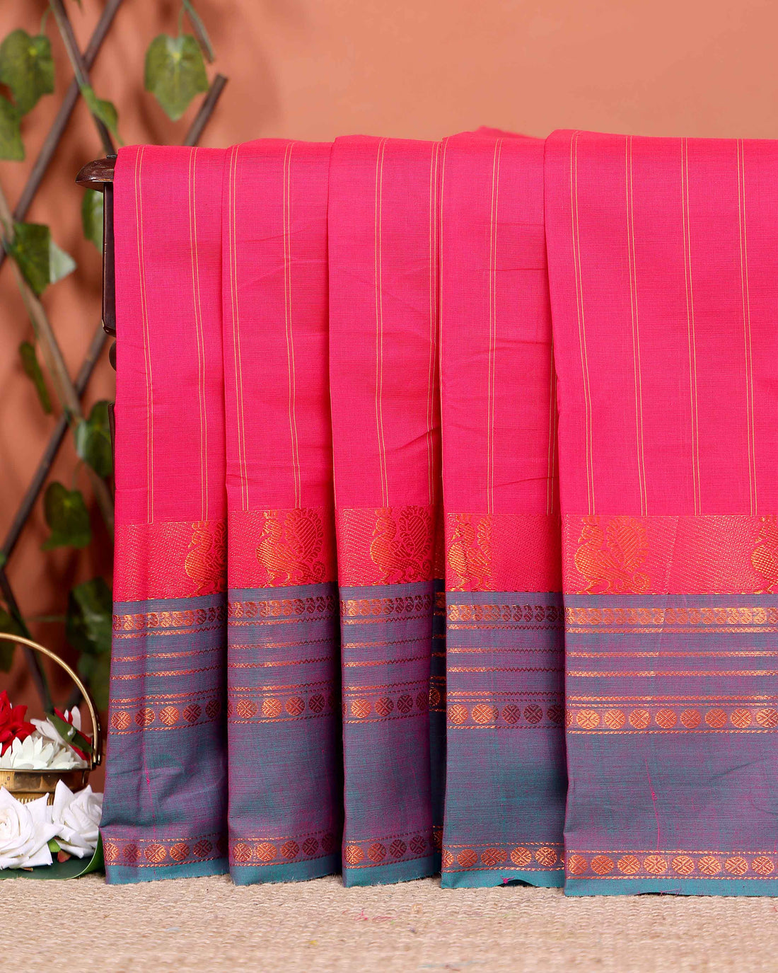 Traditional Chettinad Cotton Saree with Stripe Body and Peacock Motif Border - Pink
