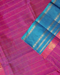 Traditional Chettinad Cotton Saree with Stripe Body and Peacock Motif Border - Purple