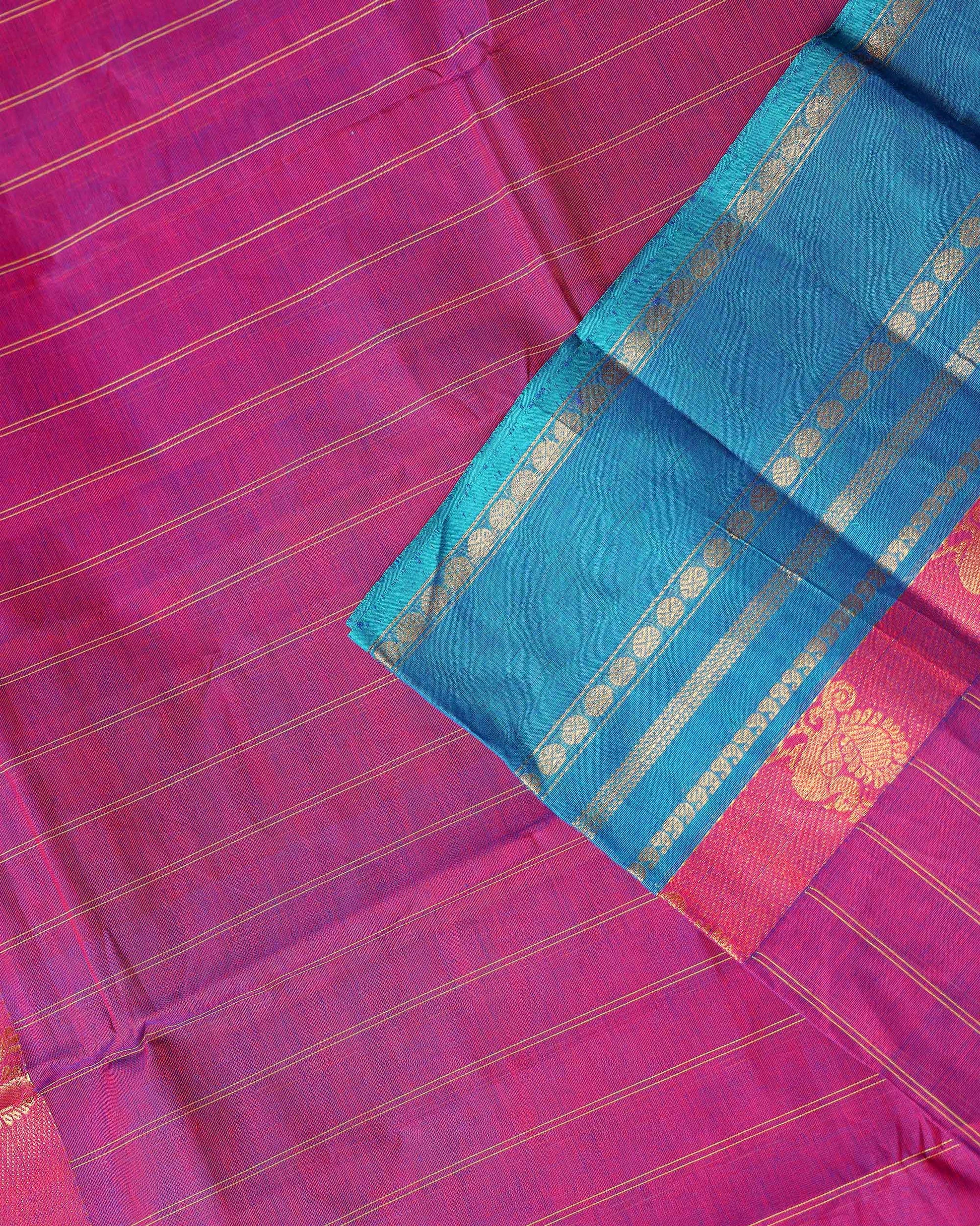 Traditional Chettinad Cotton Saree with Stripe Body and Peacock Motif Border - Purple