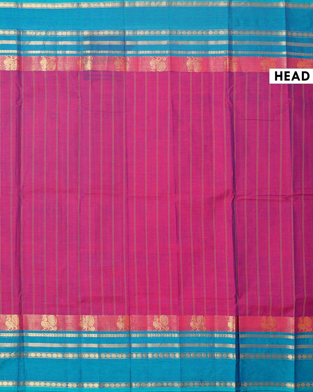 Traditional Chettinad Cotton Saree with Stripe Body and Peacock Motif Border - Purple