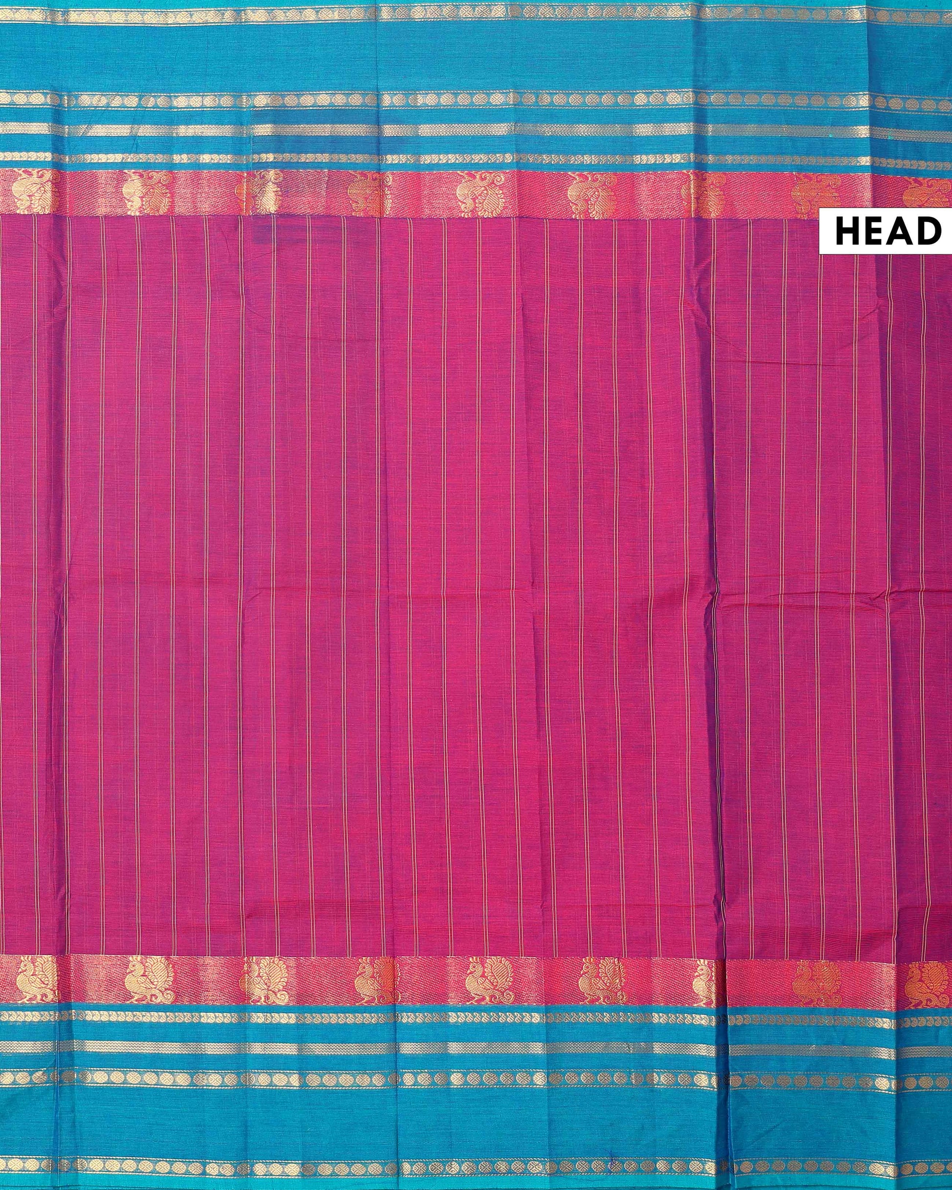 Traditional Chettinad Cotton Saree with Stripe Body and Peacock Motif Border - Purple