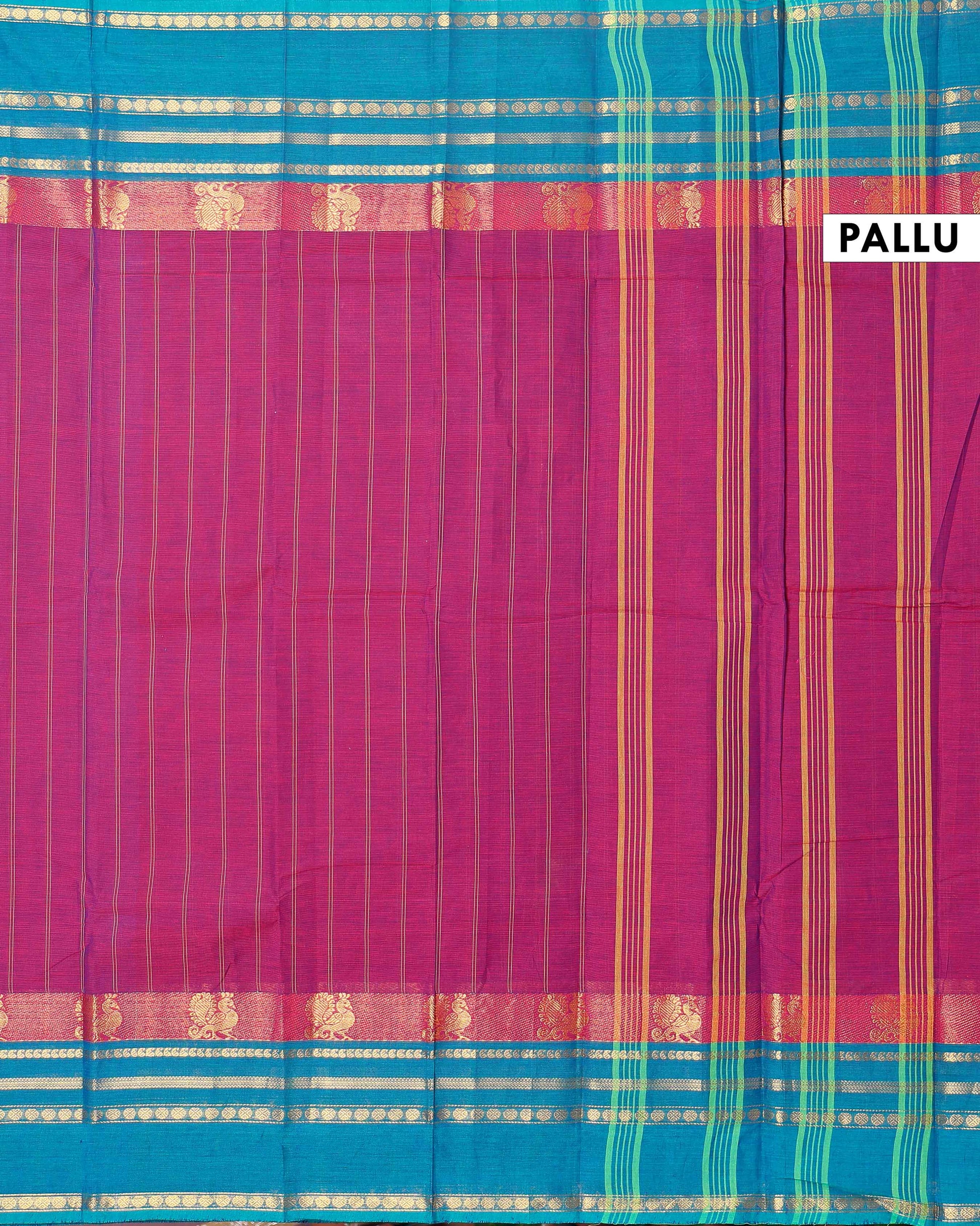 Traditional Chettinad Cotton Saree with Stripe Body and Peacock Motif Border - Purple
