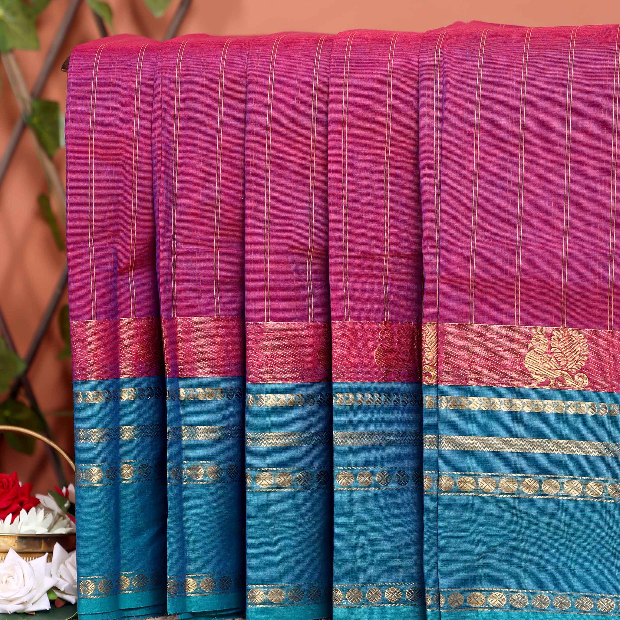 Traditional Chettinad Cotton Saree with Stripe Body and Peacock Motif Border - Purple