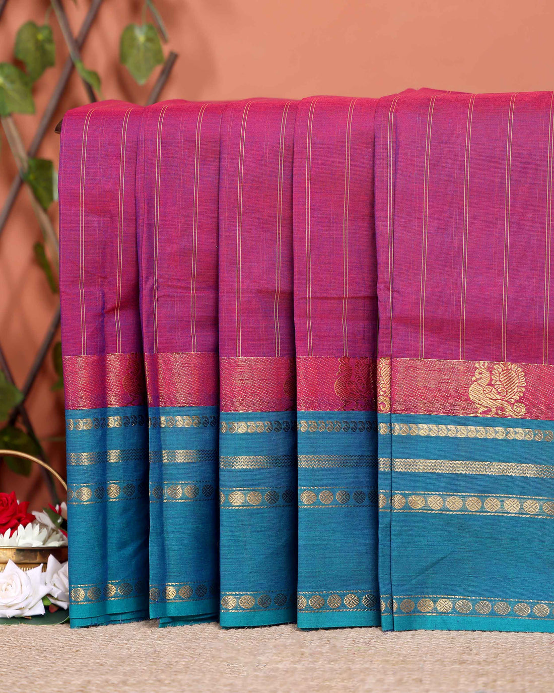 Traditional Chettinad Cotton Saree with Stripe Body and Peacock Motif Border - Purple