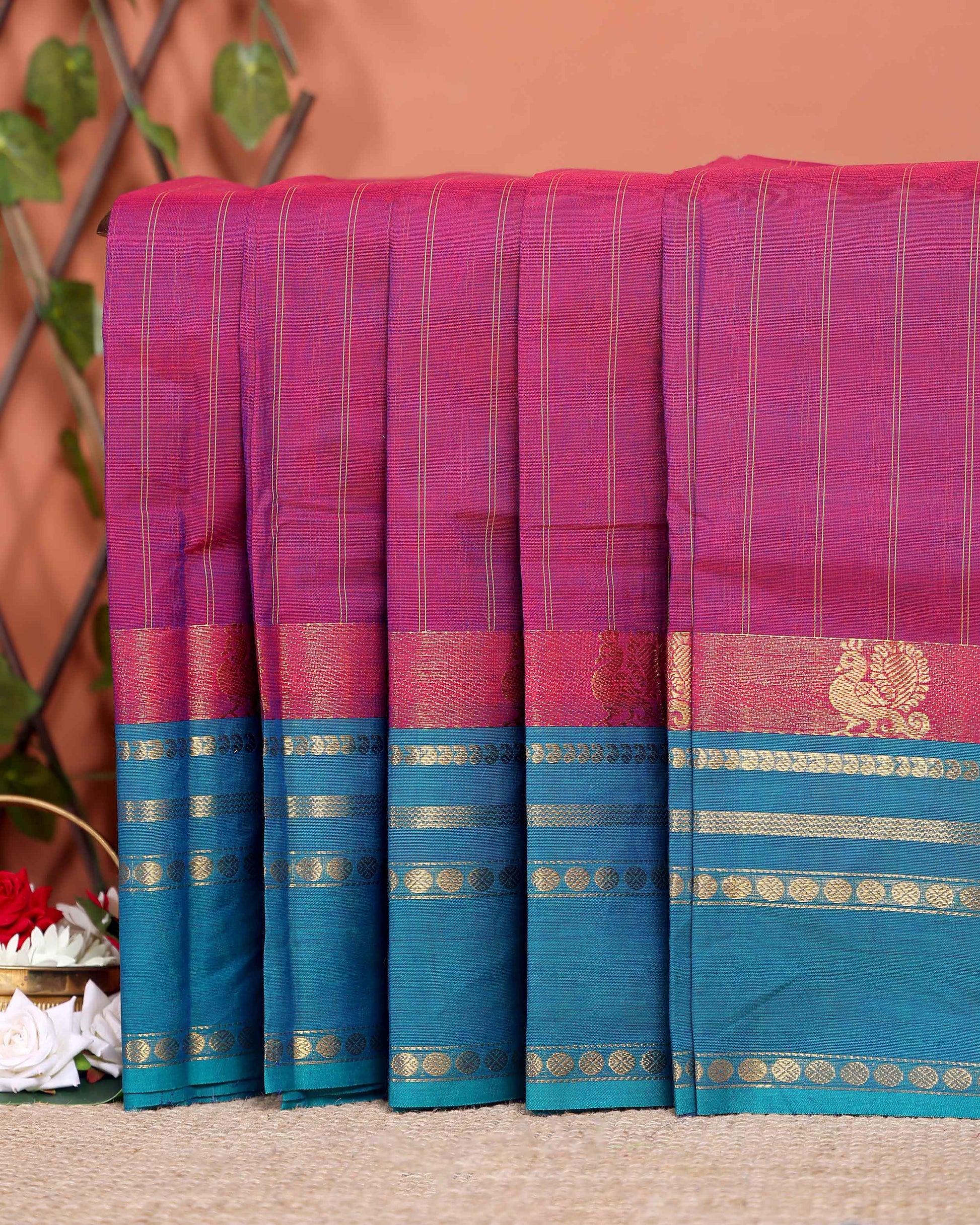 Traditional Chettinad Cotton Saree with Stripe Body and Peacock Motif Border - Purple