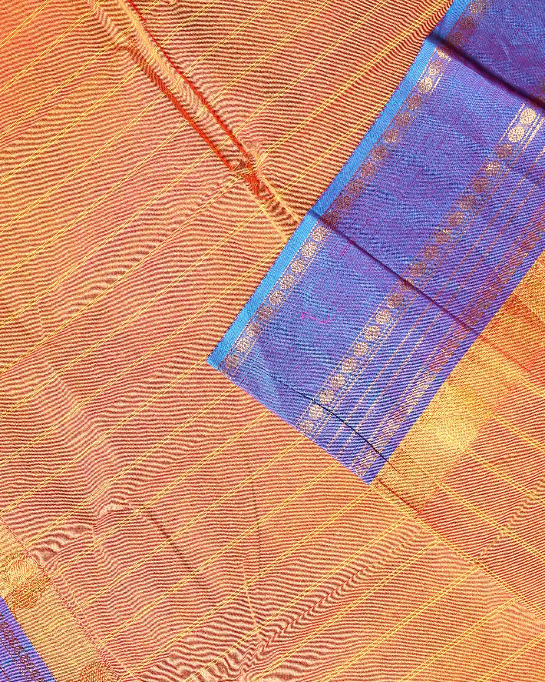 Traditional Chettinad Cotton Saree with Stripe Body and Peacock Motif Border - Sandal