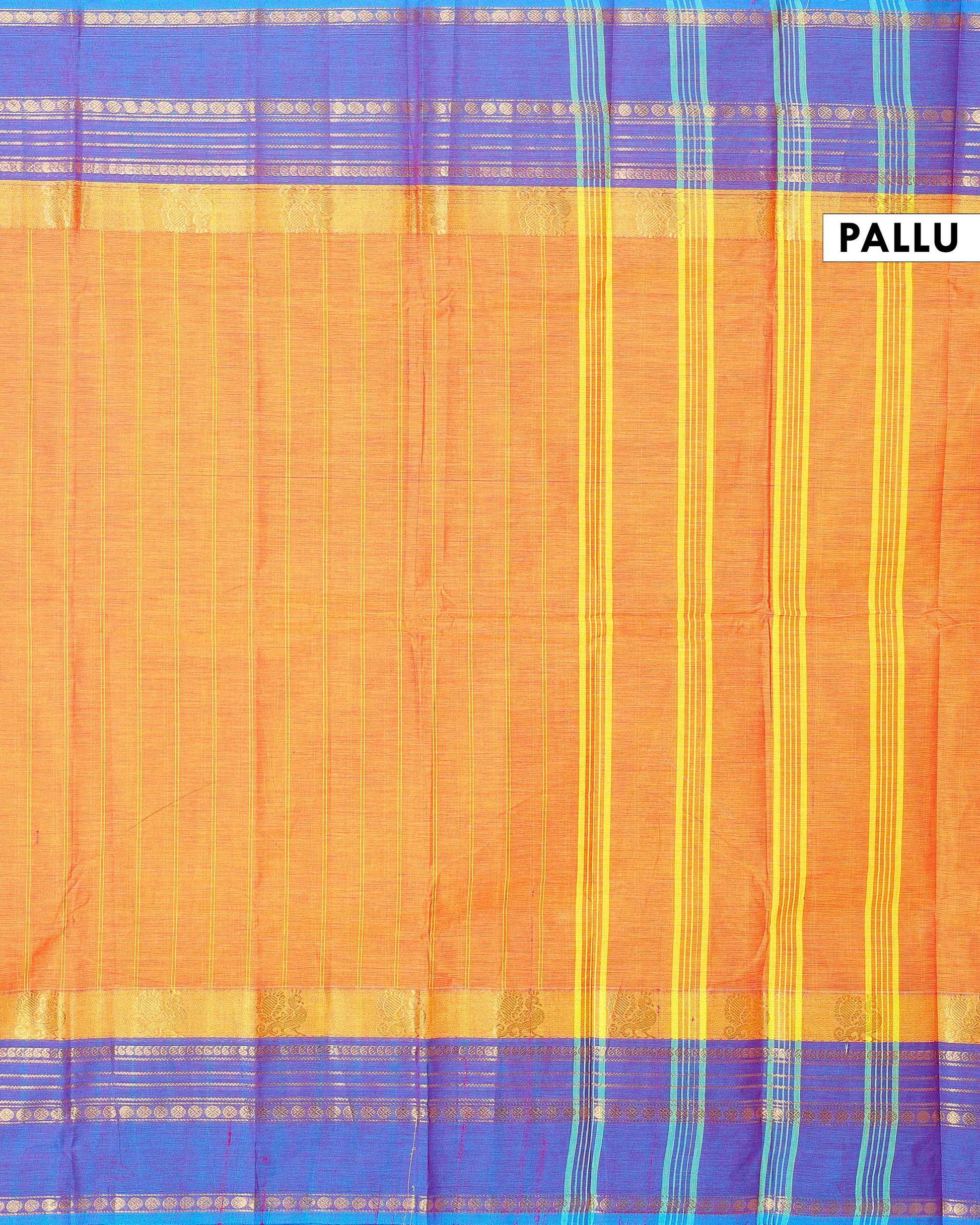 Traditional Chettinad Cotton Saree with Stripe Body and Peacock Motif Border - Sandal