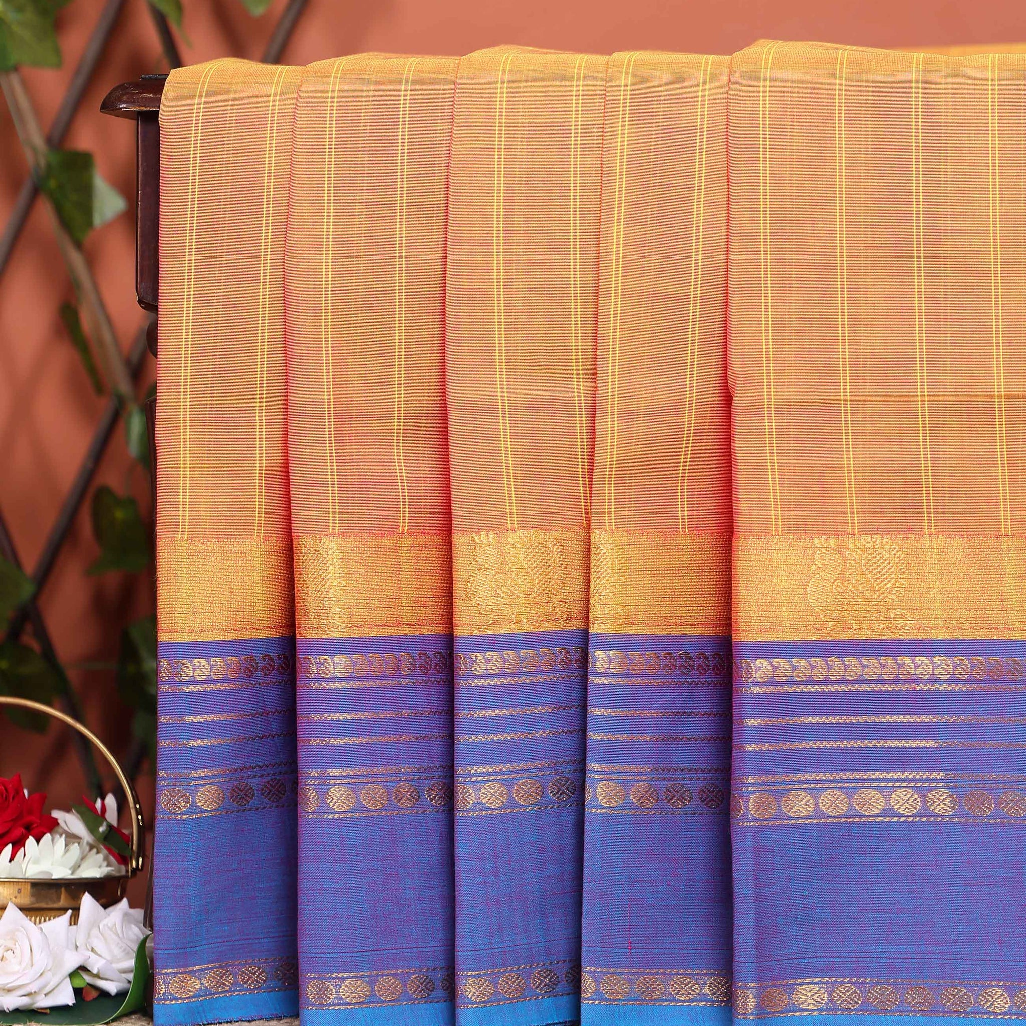 Traditional Chettinad Cotton Saree with Stripe Body and Peacock Motif Border - Sandal