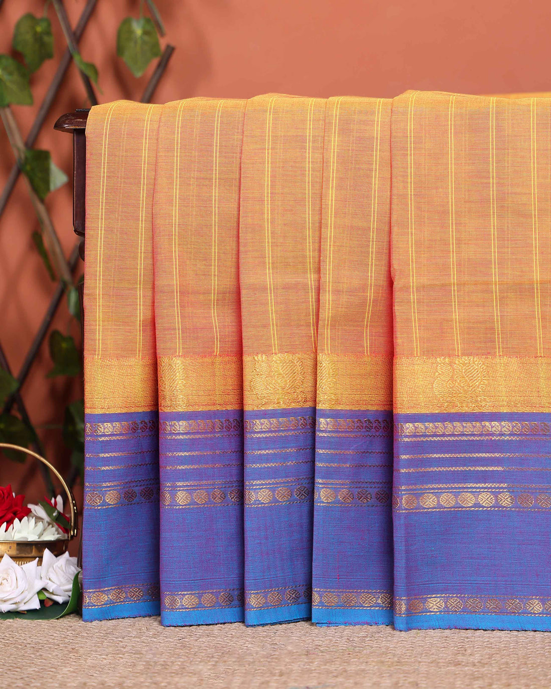 Traditional Chettinad Cotton Saree with Stripe Body and Peacock Motif Border - Sandal