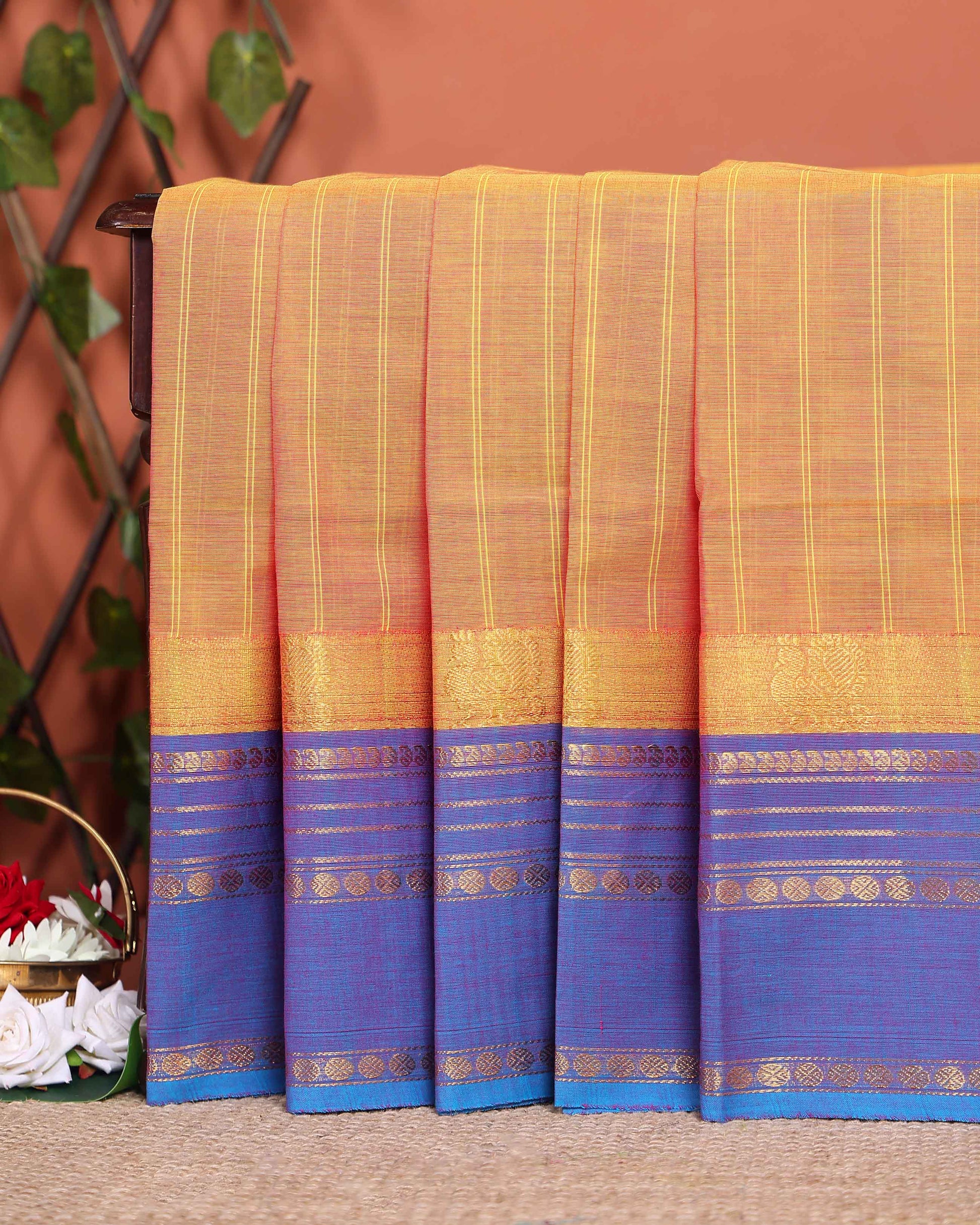 Traditional Chettinad Cotton Saree with Stripe Body and Peacock Motif Border - Sandal