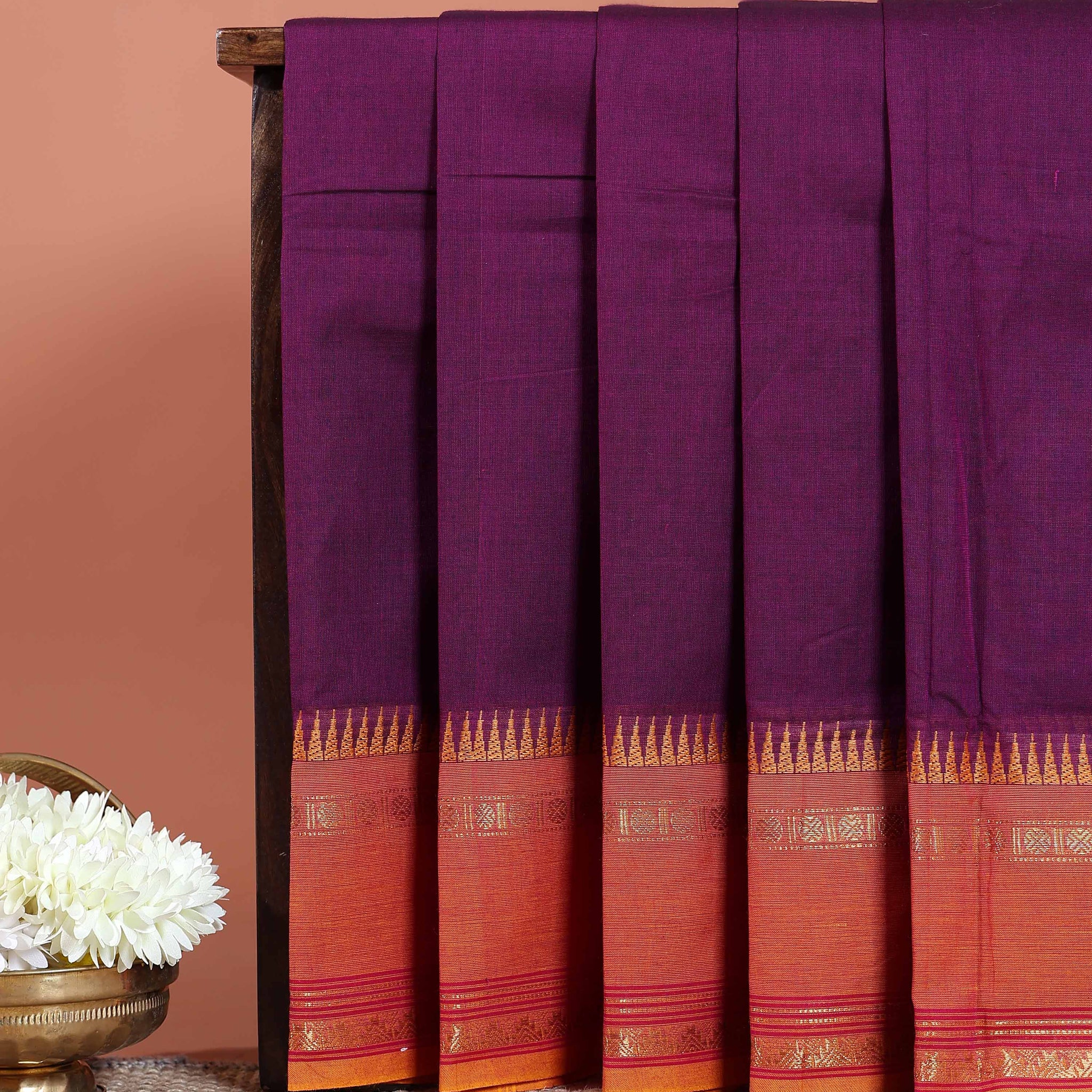 Traditional Chettinad Cotton Saree with Temple Zari Border and Solid Handloom Body Weave - Purple