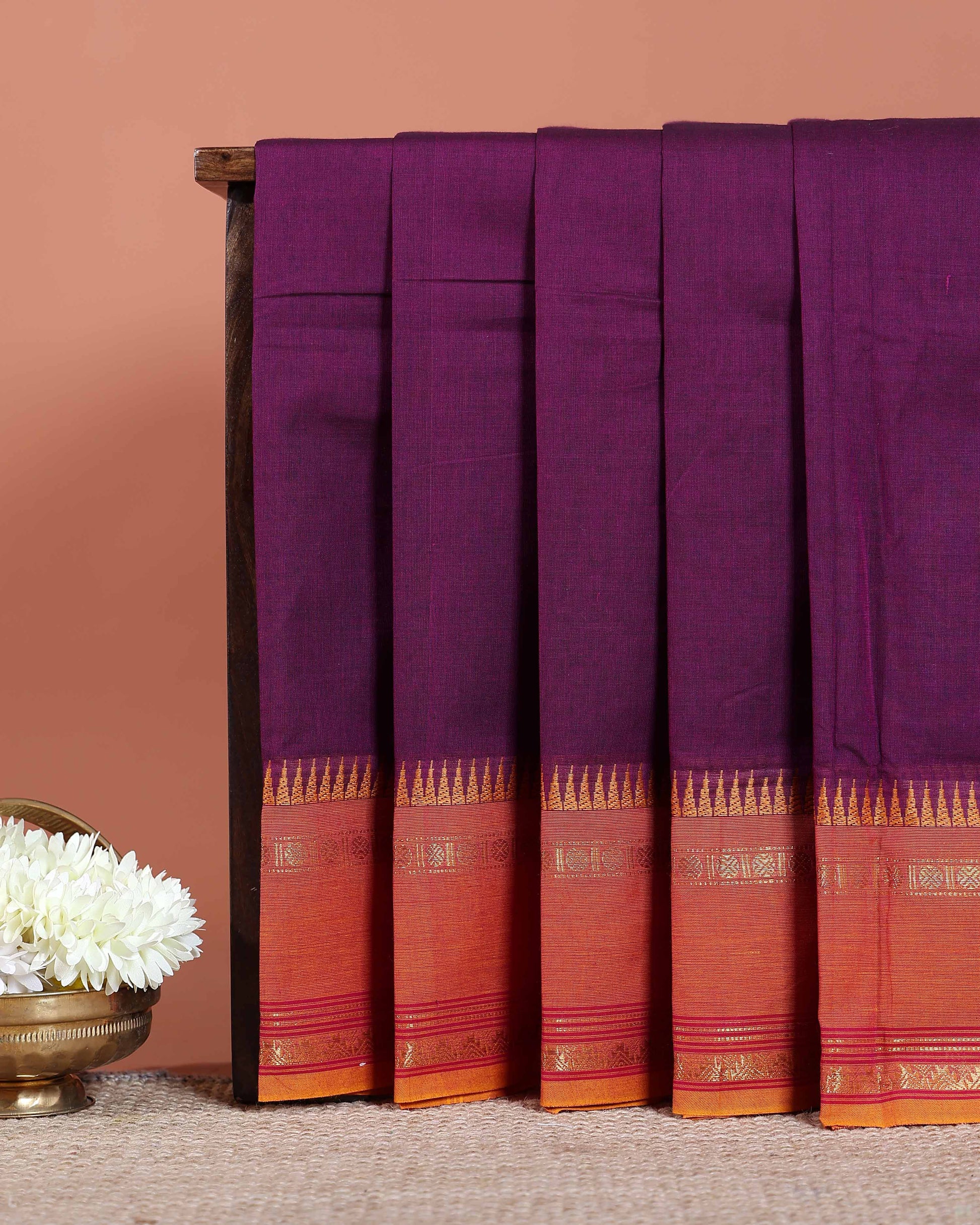 Traditional Chettinad Cotton Saree with Temple Zari Border and Solid Handloom Body Weave - Purple