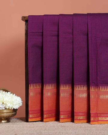 Traditional Chettinad Cotton Saree with Temple Zari Border and Solid Handloom Body Weave - Purple