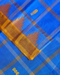 Traditional Chettinad Cotton Saree with Traditional Checks and Temple Border - Blue-Close