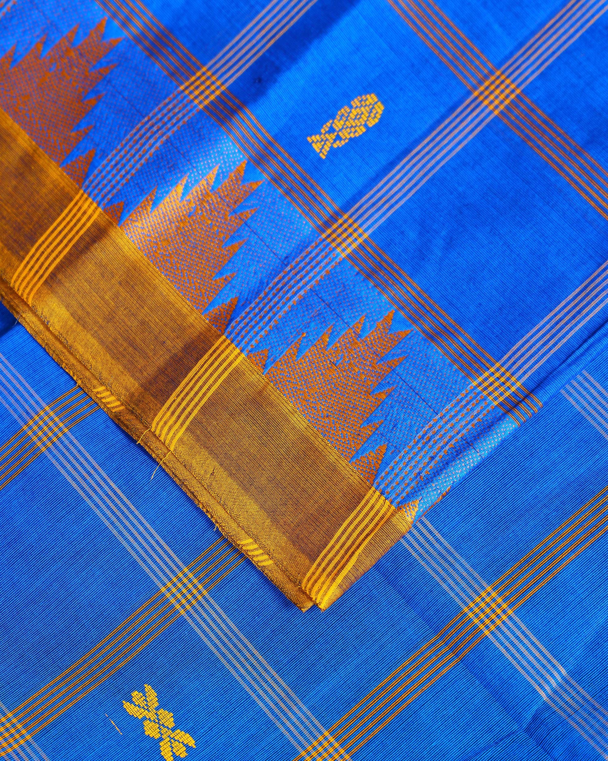 Traditional Chettinad Cotton Saree with Traditional Checks and Temple Border - Blue-Close