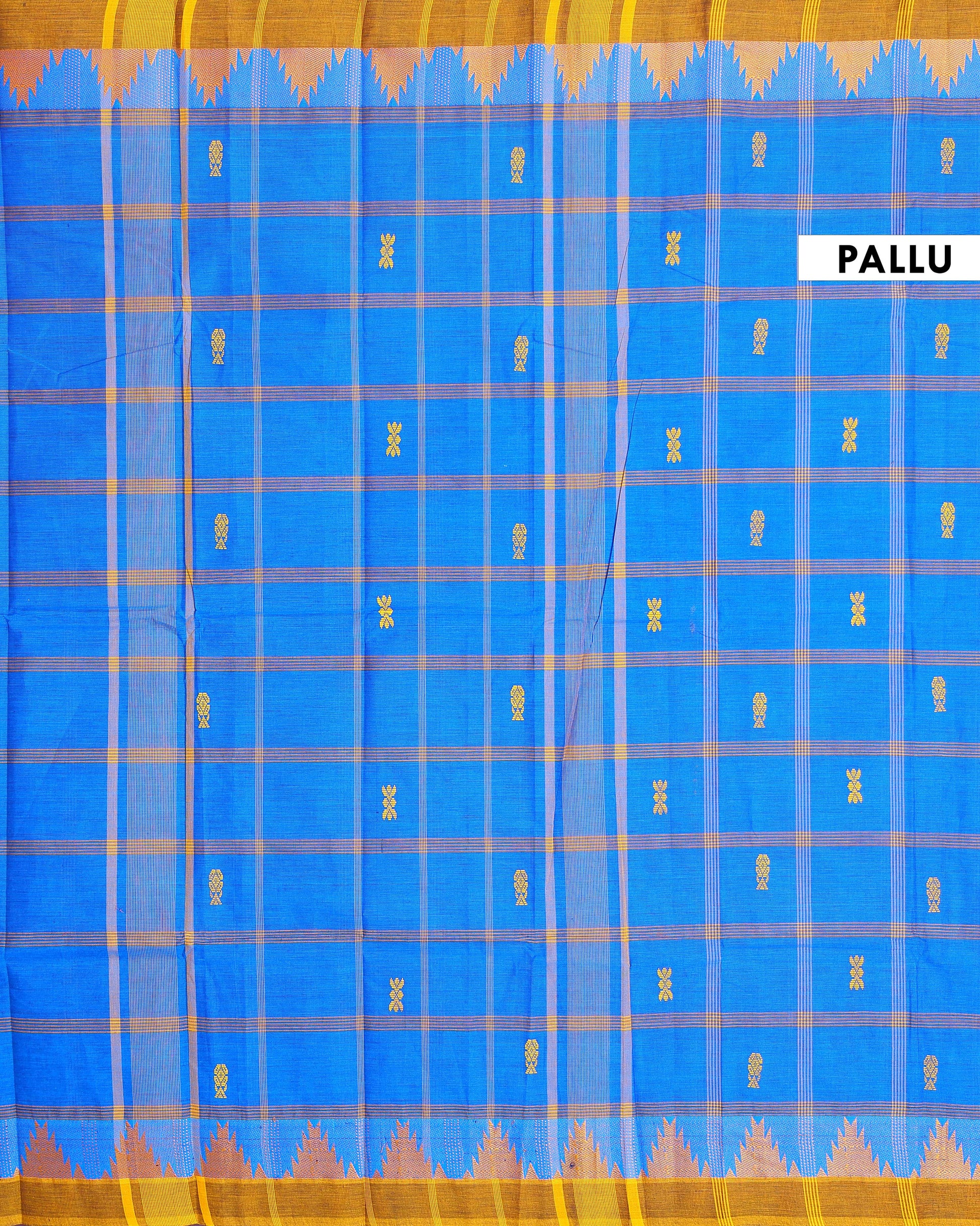 Traditional Chettinad Cotton Saree with Traditional Checks and Temple Border - Blue-Pallu