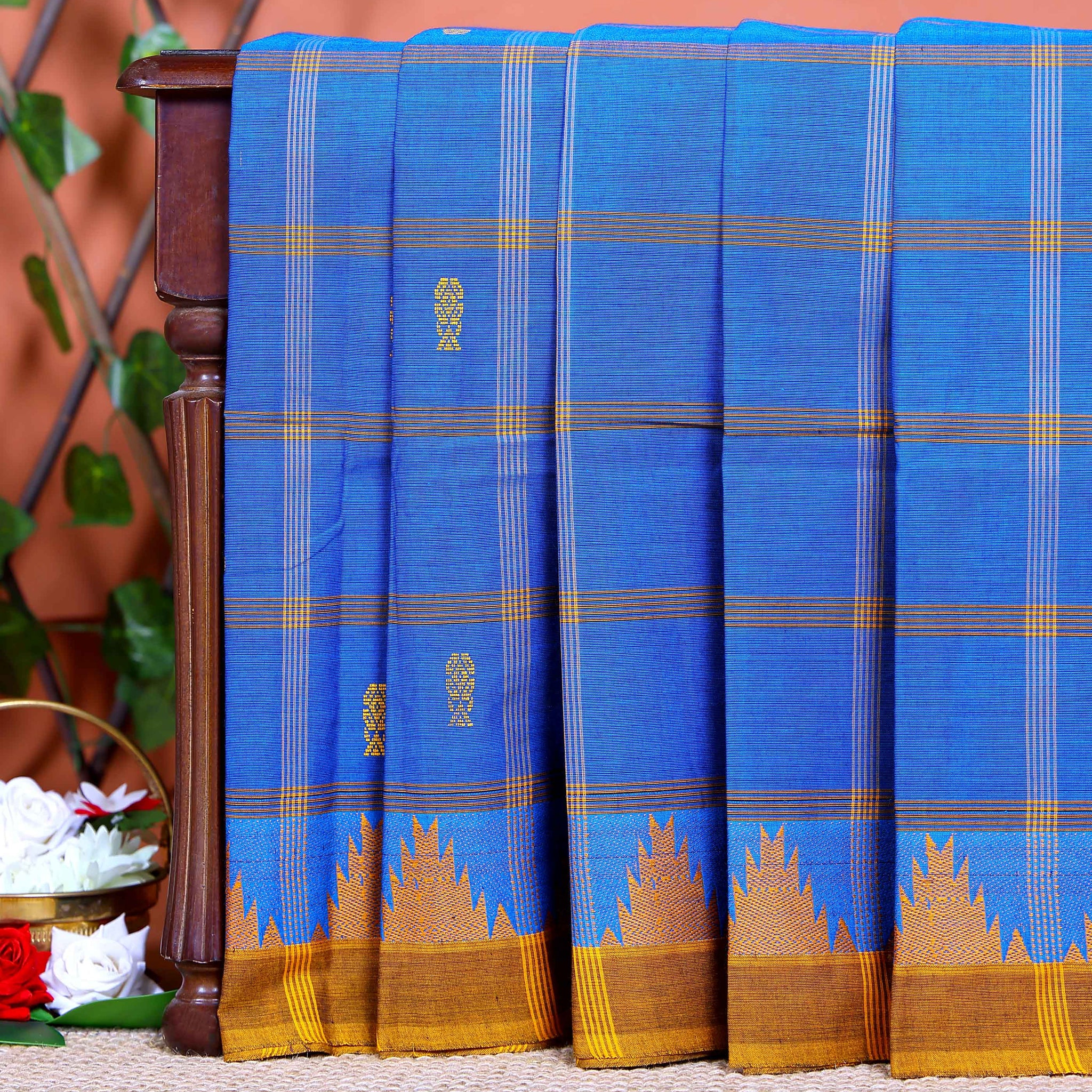 Traditional Chettinad Cotton Saree with Traditional Checks and Temple Border - Blue