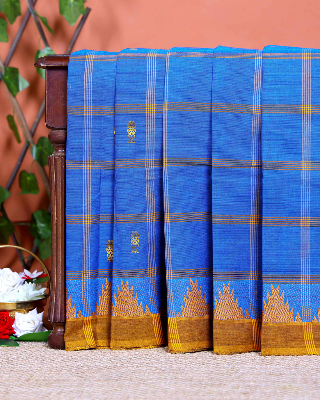 Traditional Chettinad Cotton Saree with Traditional Checks and Temple Border - Blue