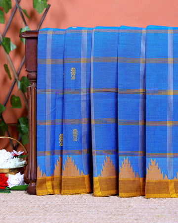 Traditional Chettinad Cotton Saree with Traditional Checks and Temple Border - Blue