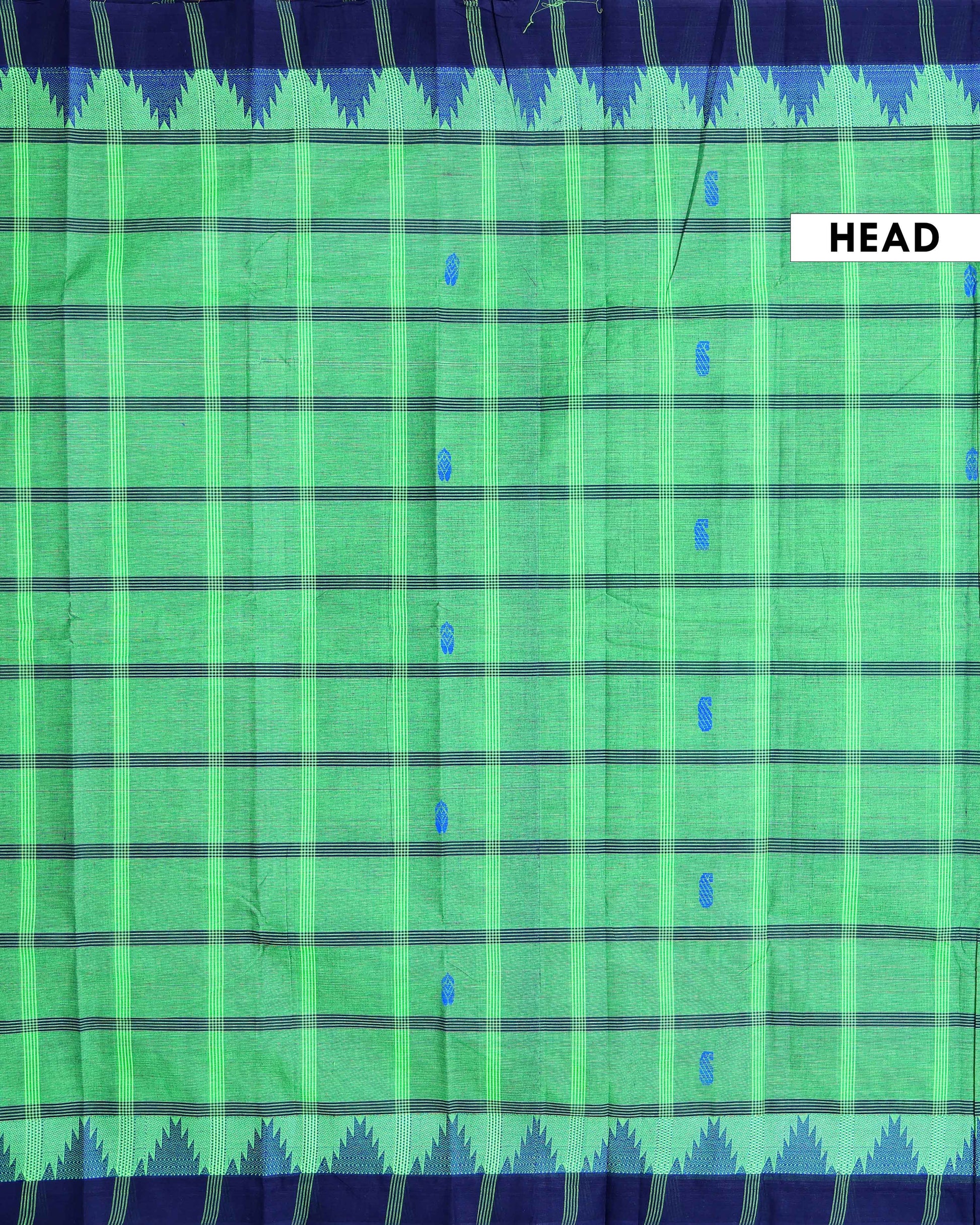 Traditional Chettinad Cotton Saree with Traditional Checks and Temple Border - Green-Head