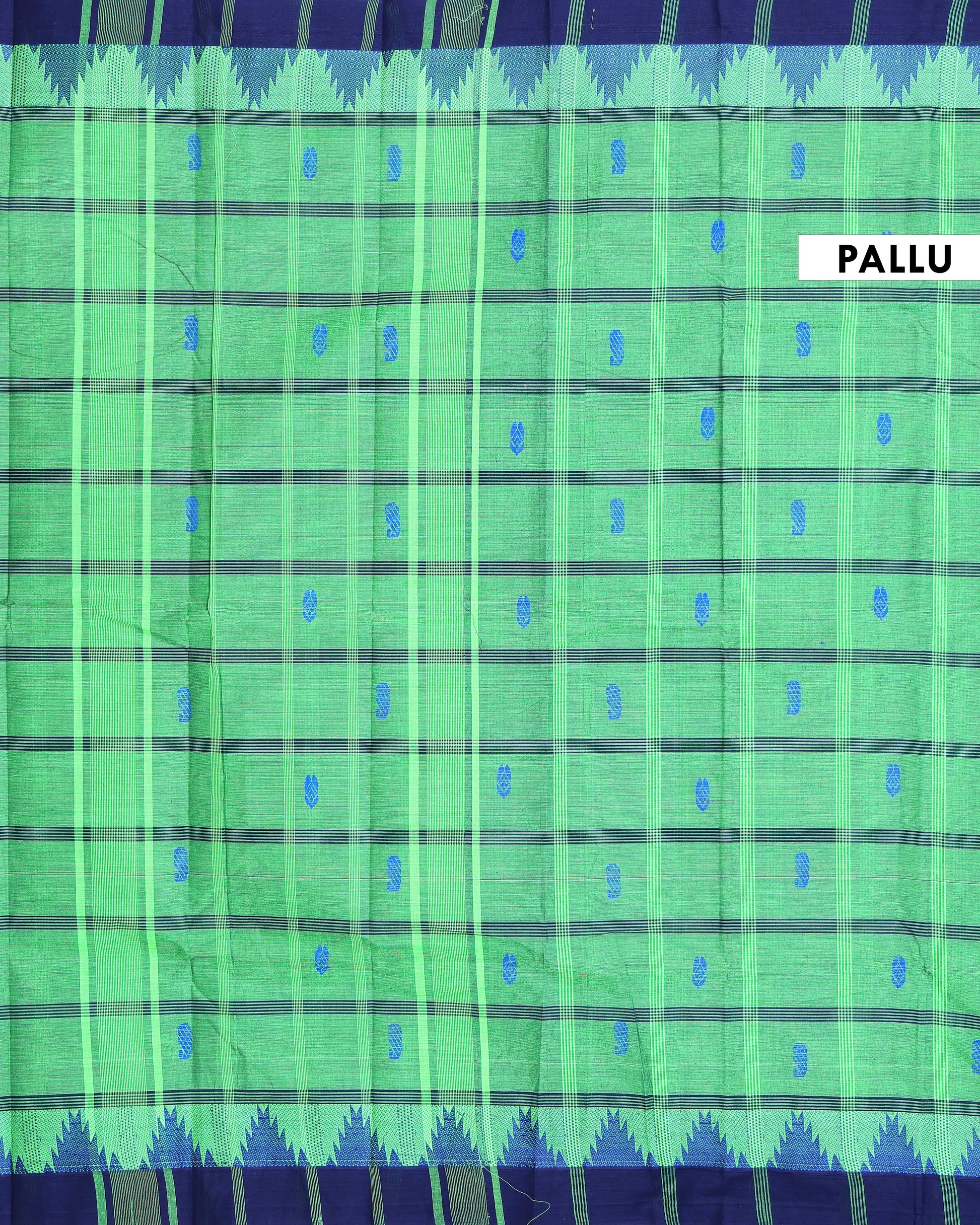 Traditional Chettinad Cotton Saree with Traditional Checks and Temple Border - Green-Pallu