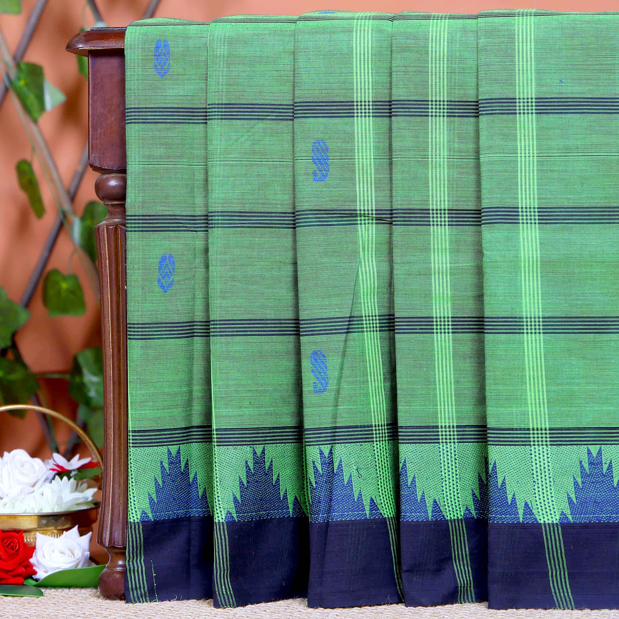 Traditional Chettinad Cotton Saree with Traditional Checks and Temple Border - Green