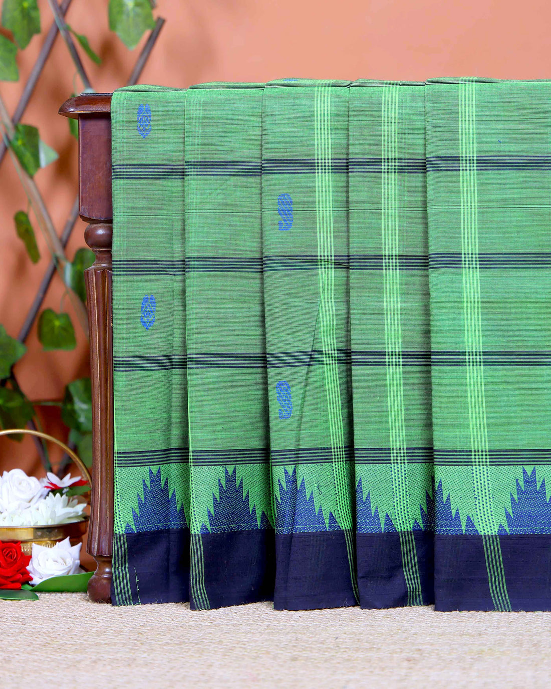 Traditional Chettinad Cotton Saree with Traditional Checks and Temple Border - Green