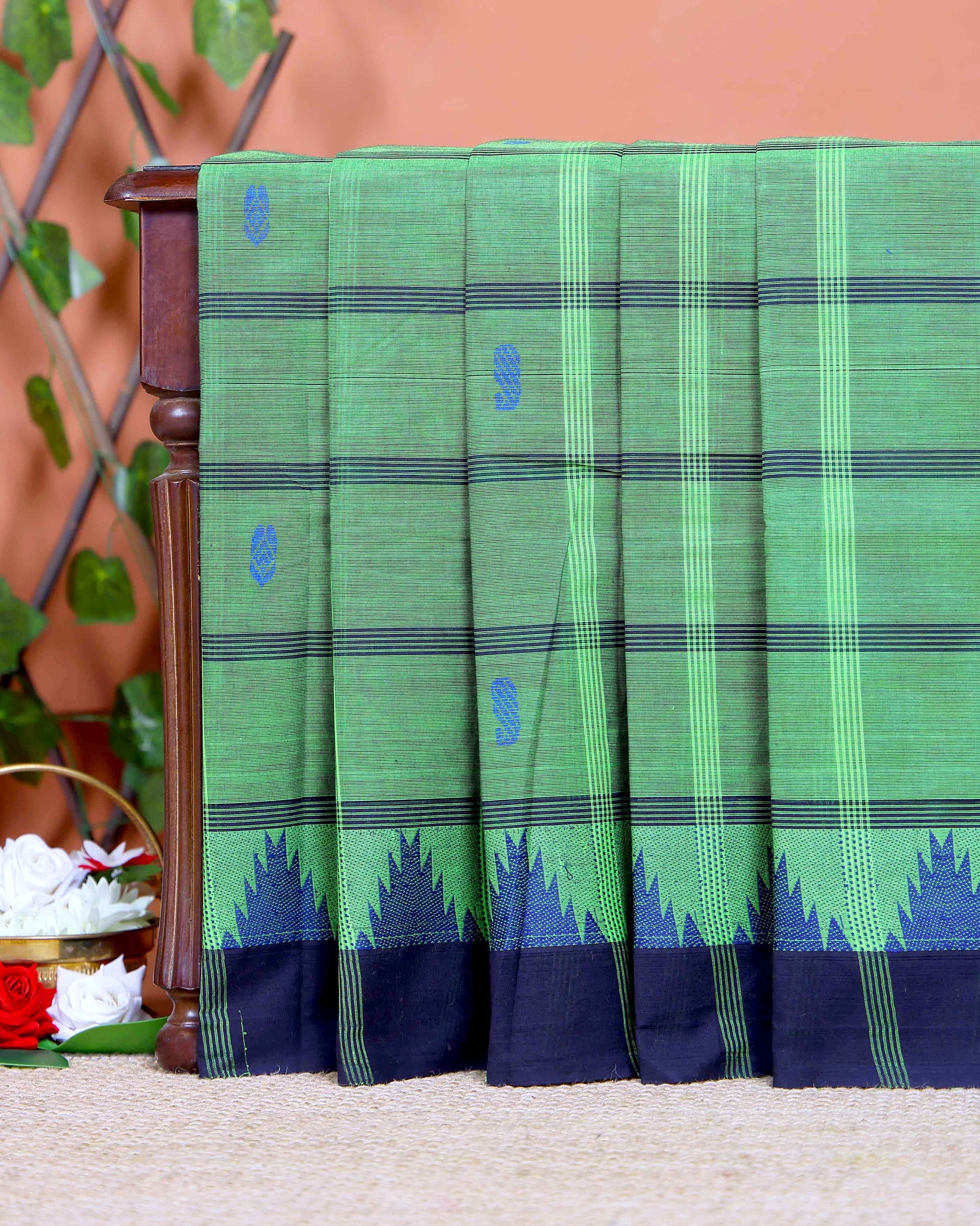 Traditional Chettinad Cotton Saree with Traditional Checks and Temple Border - Green