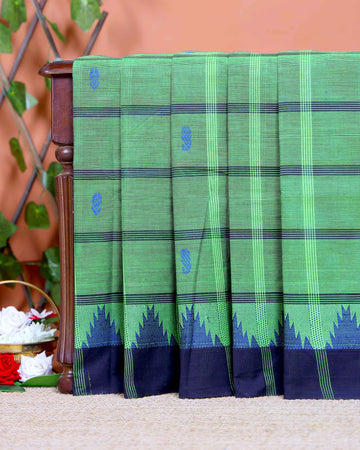 Traditional Chettinad Cotton Saree with Traditional Checks and Temple Border - Green