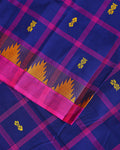 Traditional Chettinad Cotton Saree with Traditional Checks and Temple Border - Navy Blue-Close