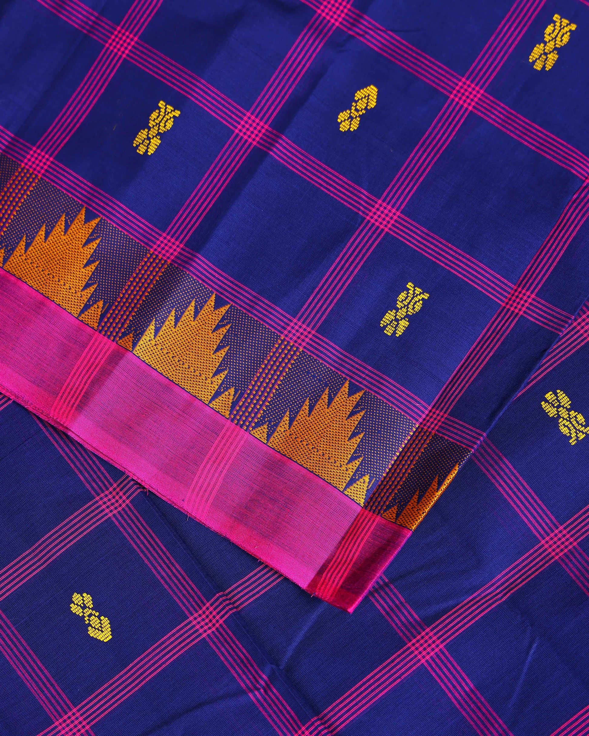 Traditional Chettinad Cotton Saree with Traditional Checks and Temple Border - Navy Blue-Close