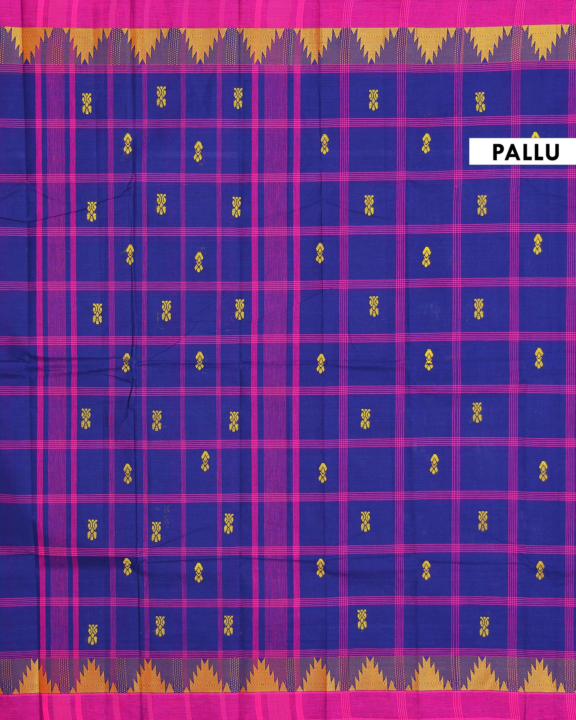 Traditional Chettinad Cotton Saree with Traditional Checks and Temple Border - Navy Blue-Pallu