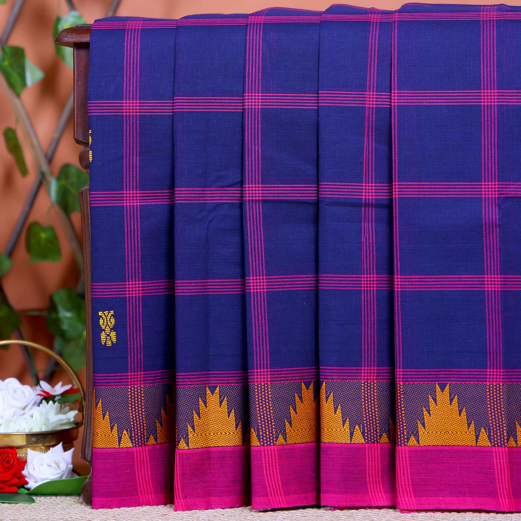 Traditional Chettinad Cotton Saree with Traditional Checks and Temple Border - Navy Blue