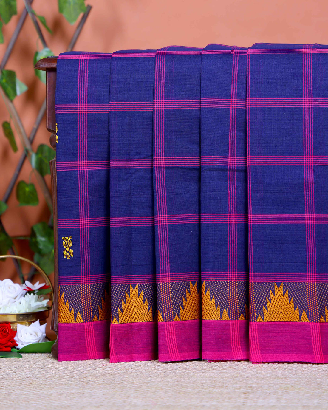 Traditional Chettinad Cotton Saree with Traditional Checks and Temple Border - Navy Blue
