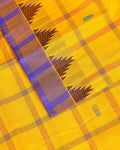 Traditional Chettinad Cotton Saree with Traditional Checks and Temple Border - Yellow-Close