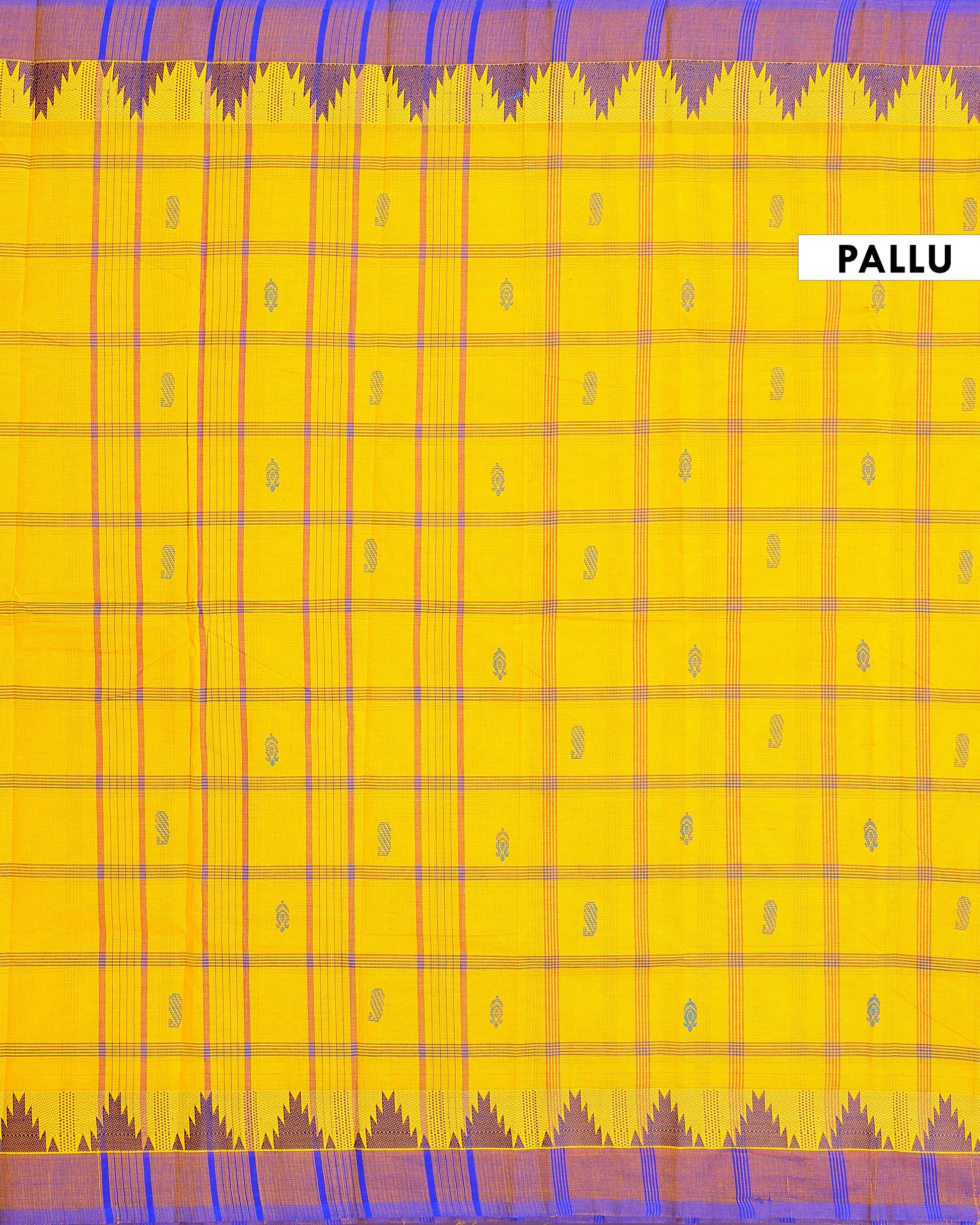 Traditional Chettinad Cotton Saree with Traditional Checks and Temple Border - Yellow-Pallu