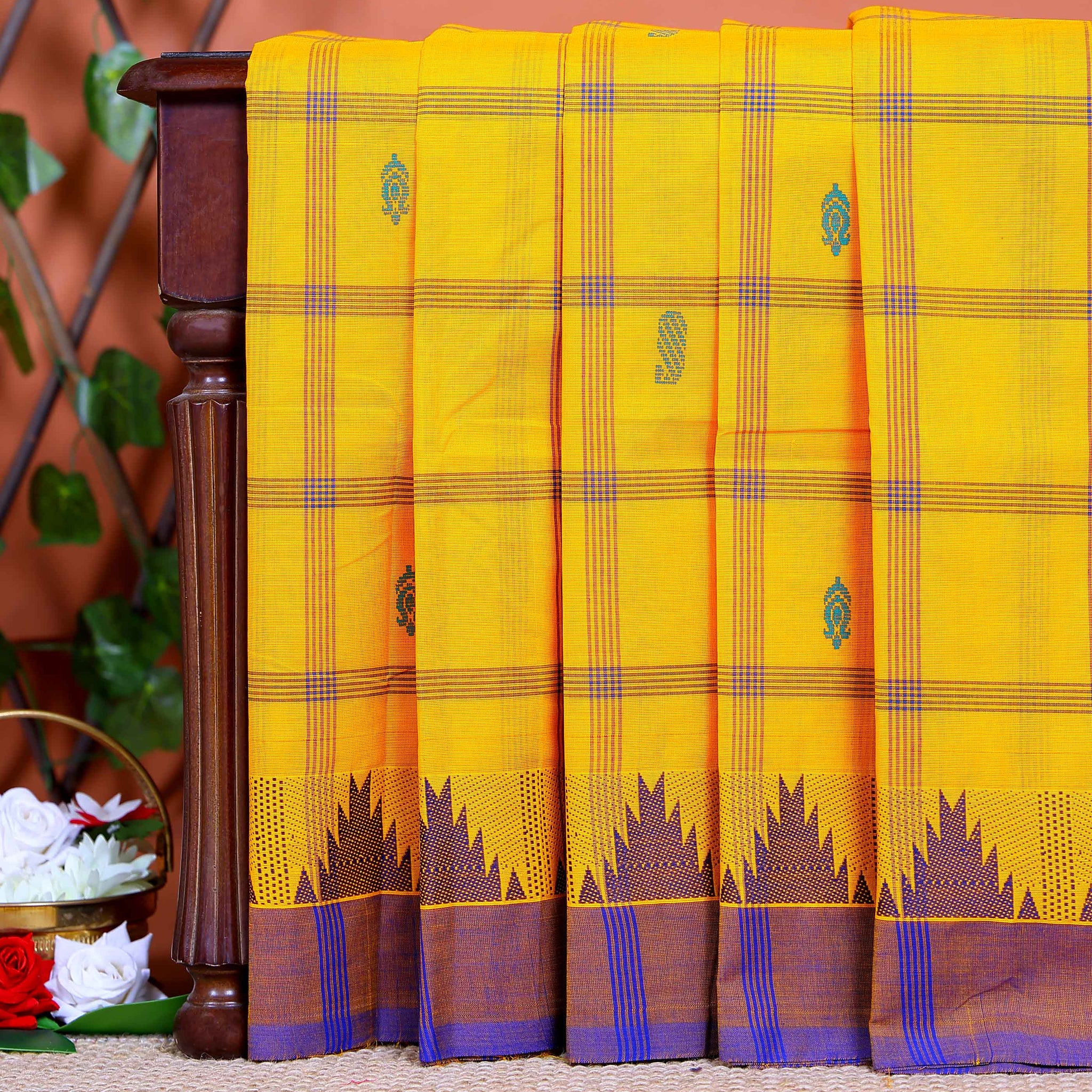 Traditional Chettinad Cotton Saree with Traditional Checks and Temple Border - Yellow