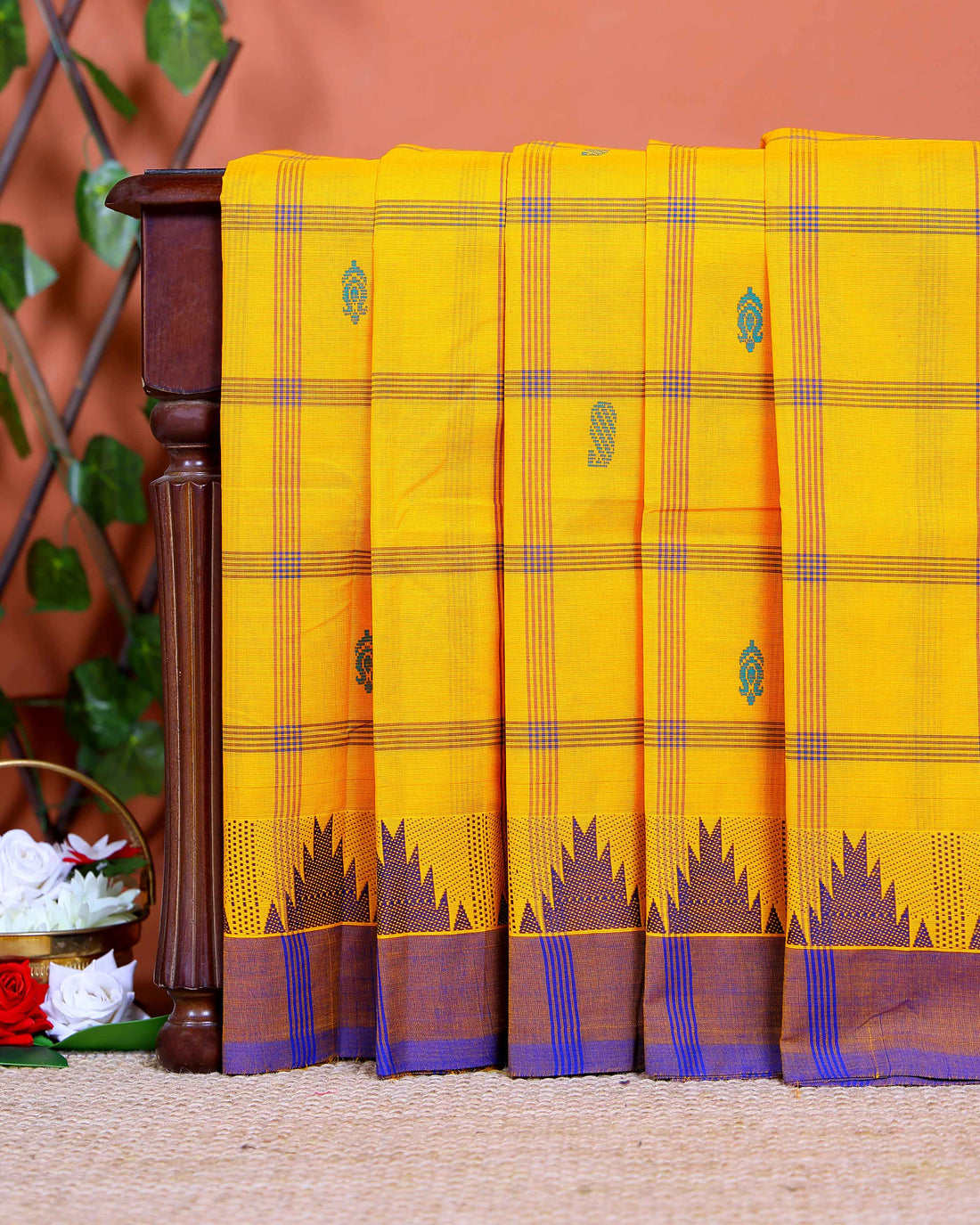 Traditional Chettinad Cotton Saree with Traditional Checks and Temple Border - Yellow