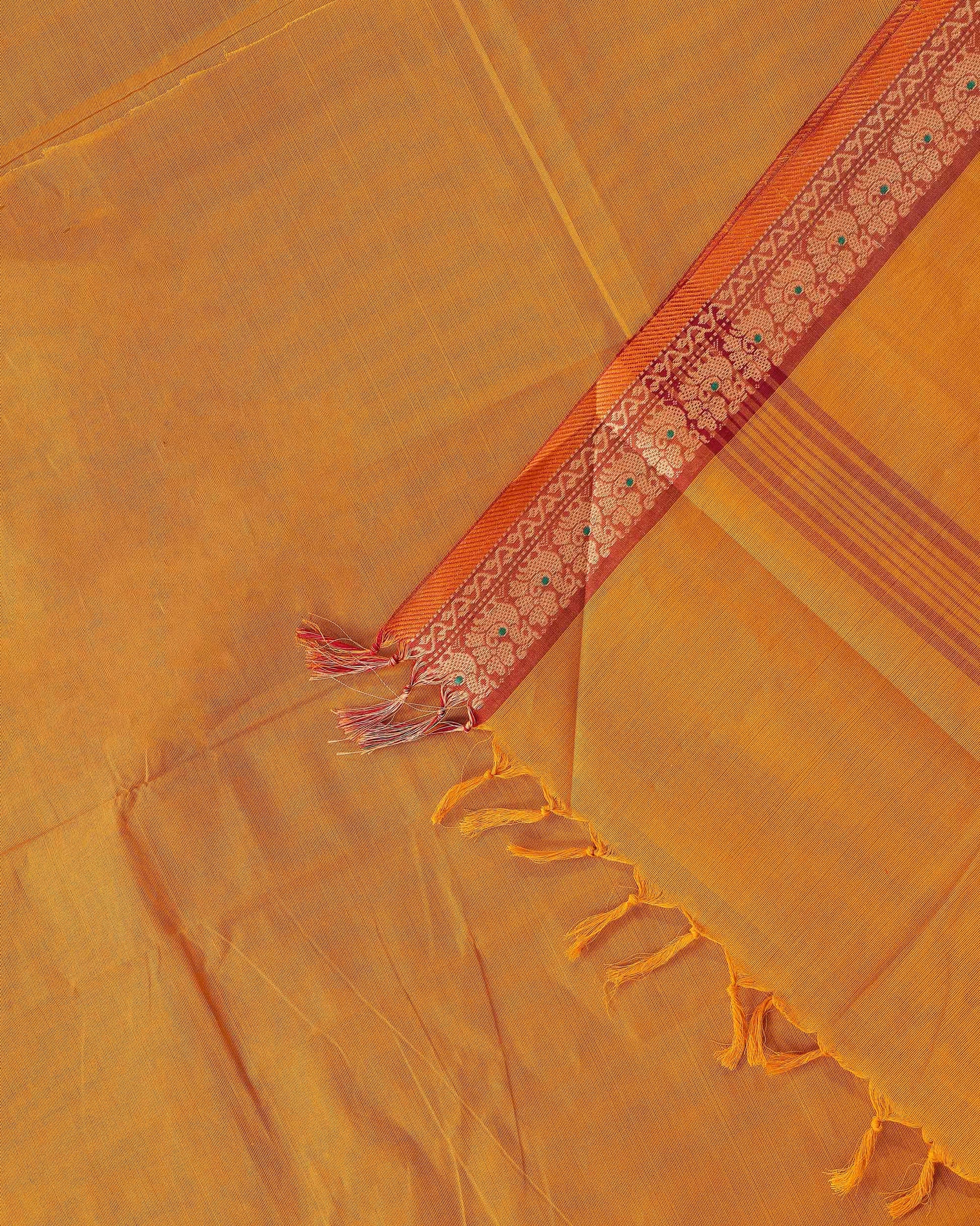 Traditional Chettinad Cotton Saree with Traditional Floral Zari Border - Mustard