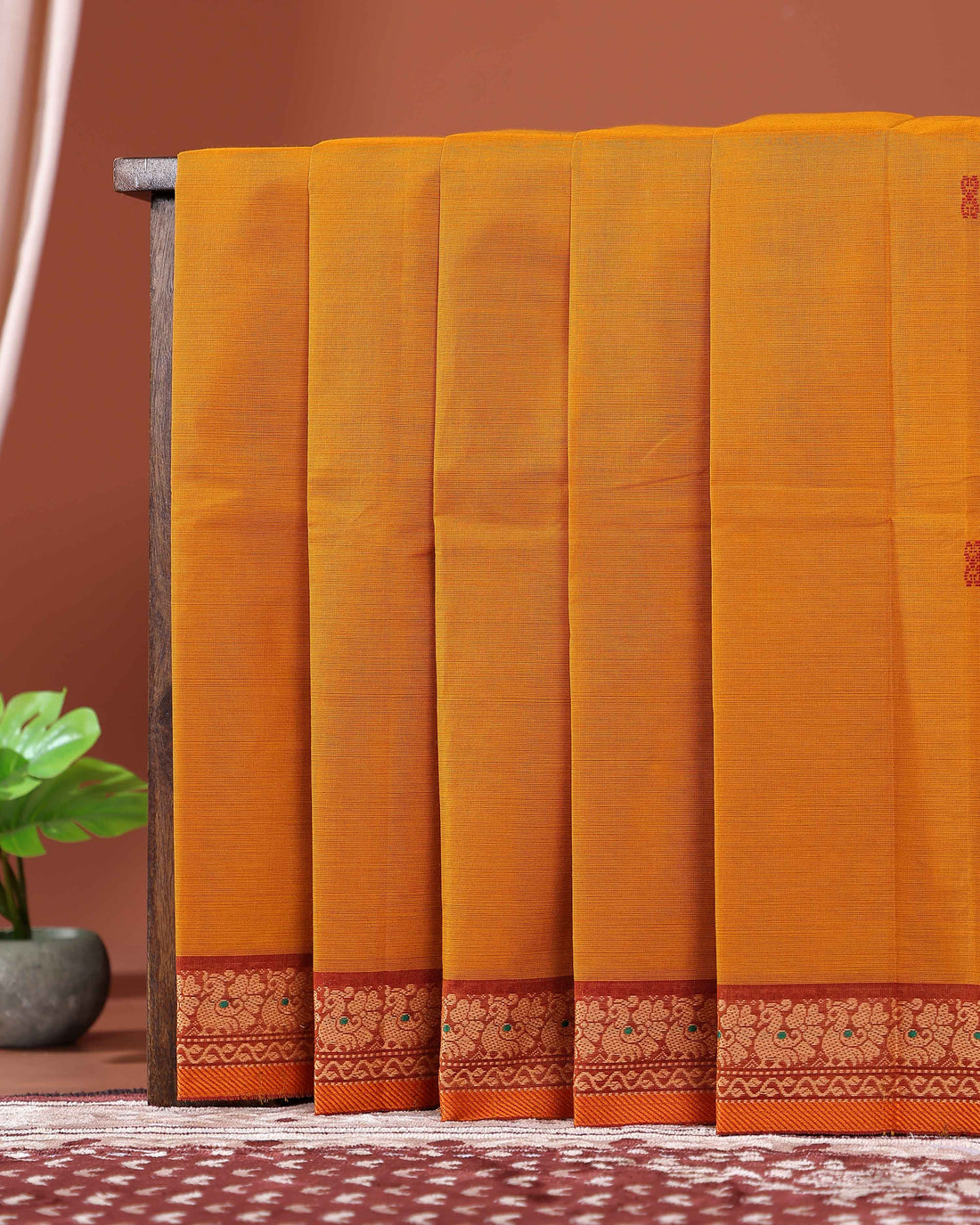 Traditional Chettinad Cotton Saree with Traditional Floral Zari Border - Mustard