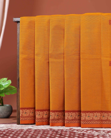 Traditional Chettinad Cotton Saree with Traditional Floral Zari Border - Mustard