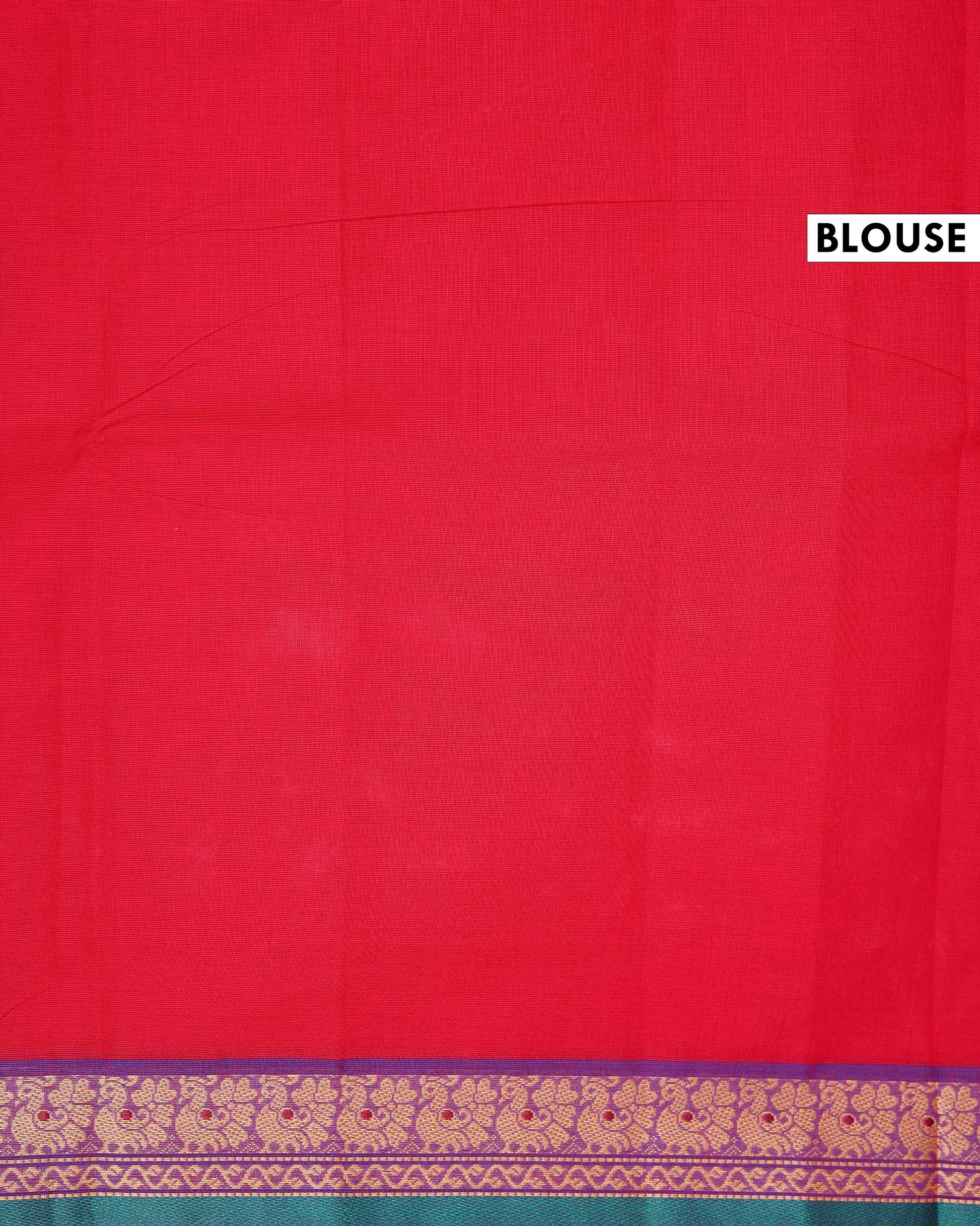 Traditional Chettinad Cotton Saree with Traditional Floral Zari Border - Red