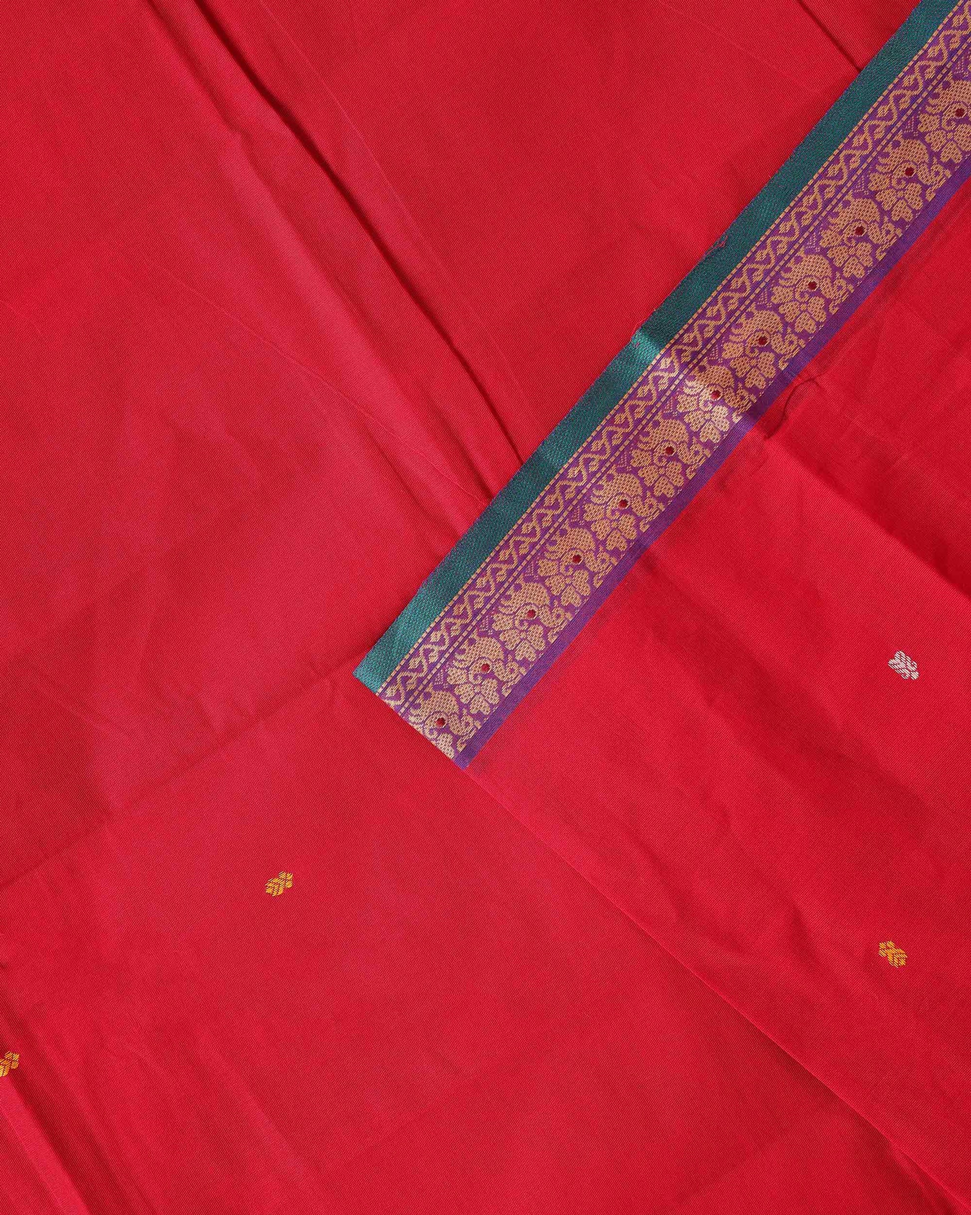 Traditional Chettinad Cotton Saree with Traditional Floral Zari Border - Red