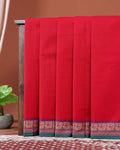 Traditional Chettinad Cotton Saree with Traditional Floral Zari Border - Red