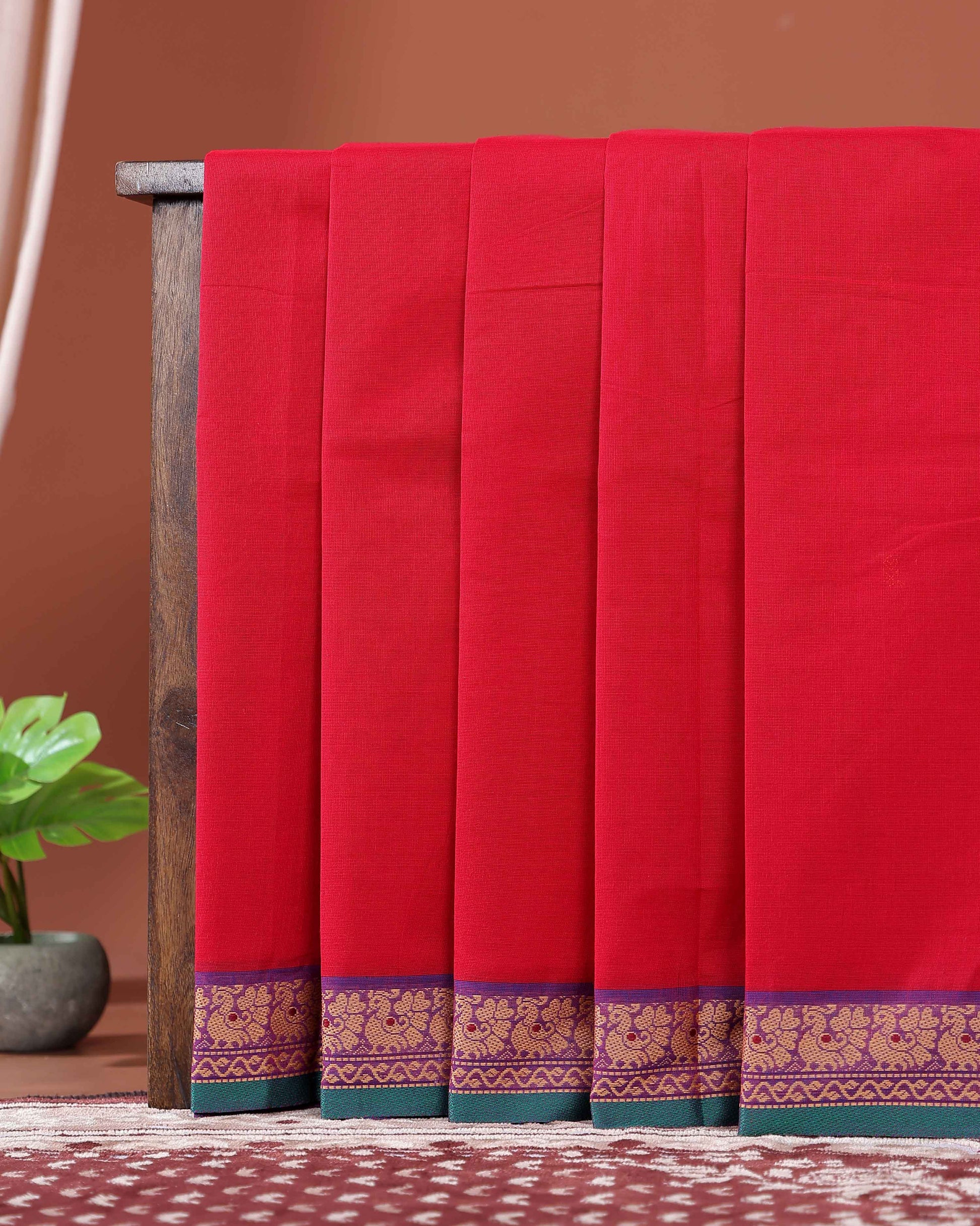 Traditional Chettinad Cotton Saree with Traditional Floral Zari Border - Red