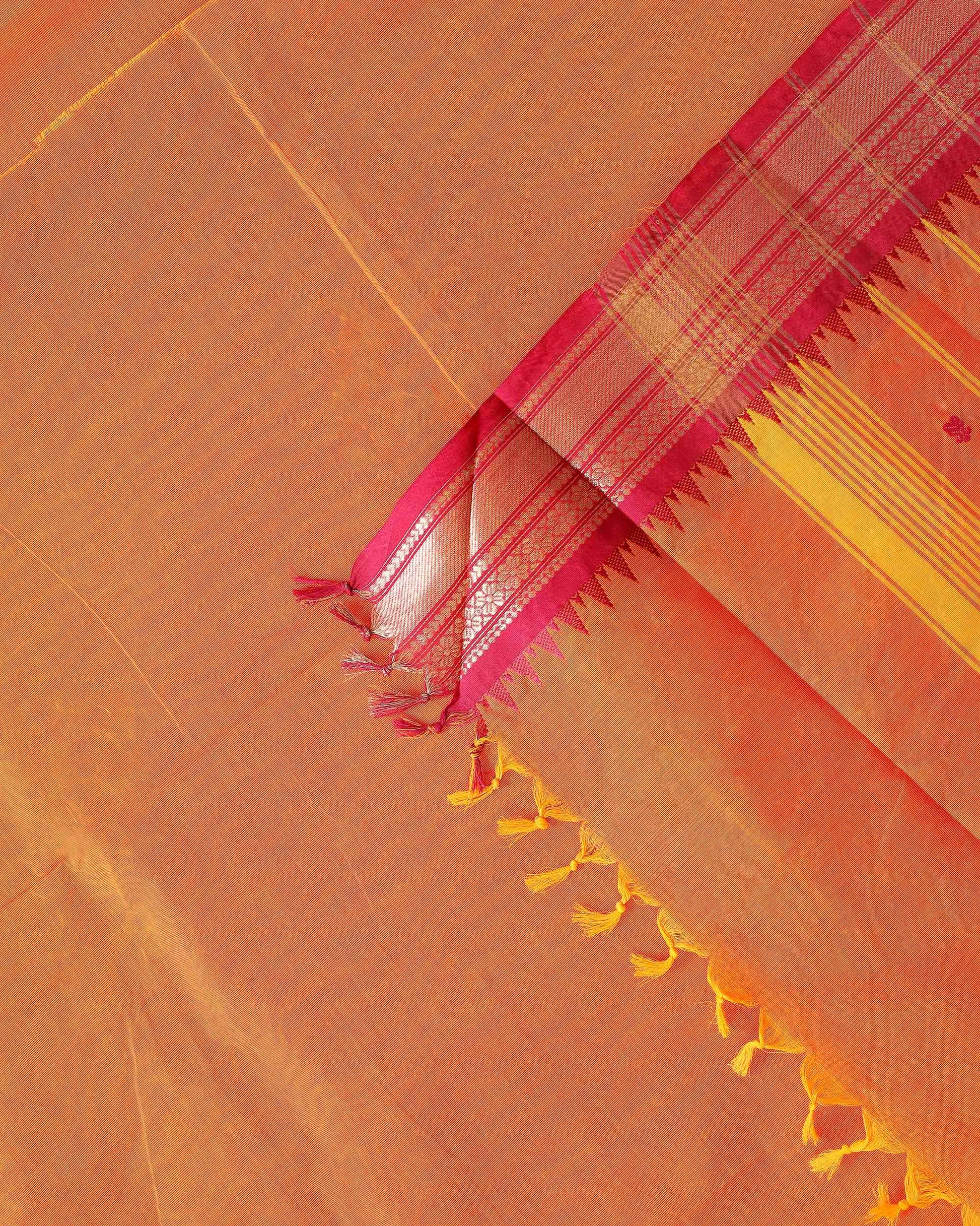 Traditional Chettinad Cotton Saree with Traditional Temple Border & Subtle Body Motifs - Orange