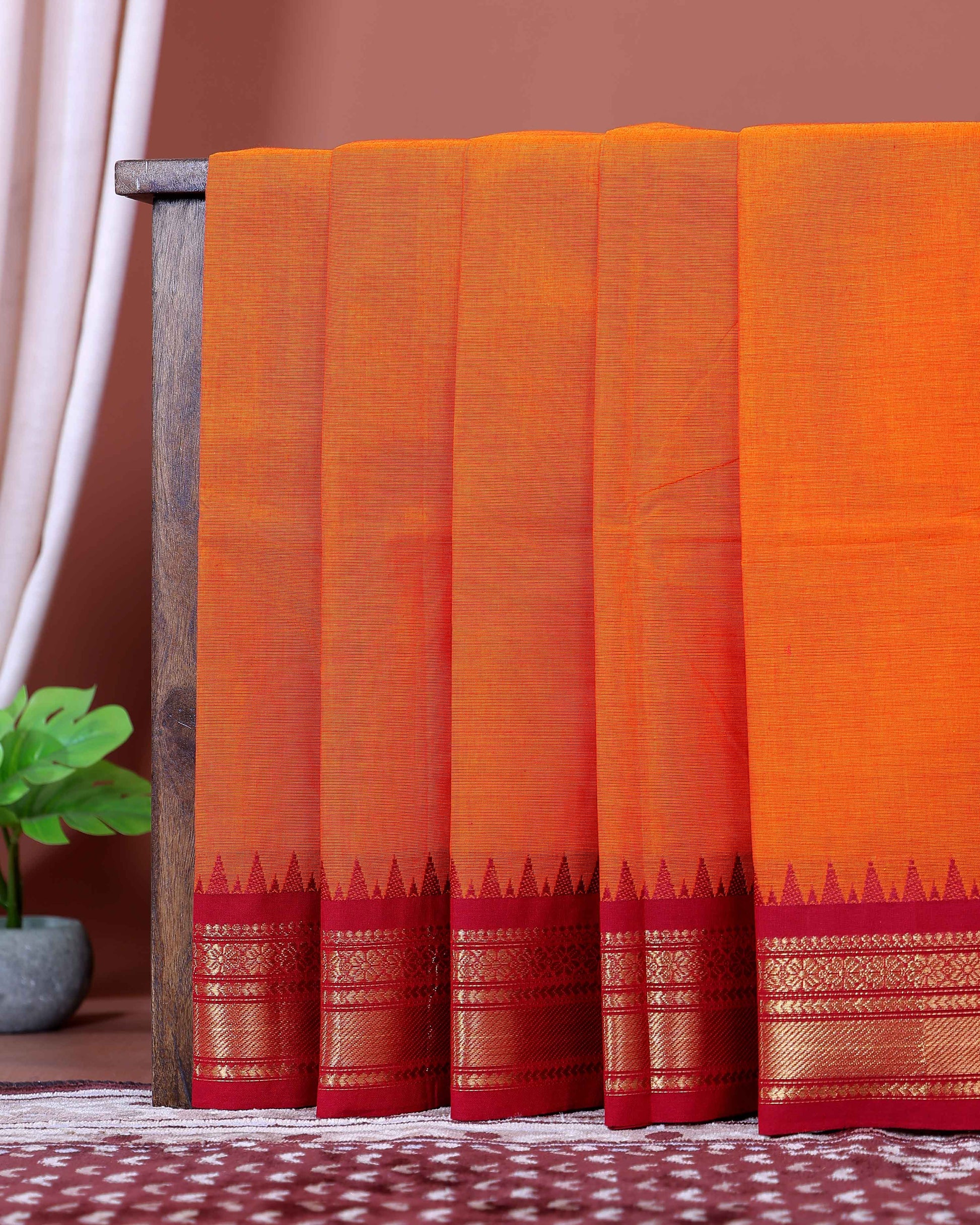 Traditional Chettinad Cotton Saree with Traditional Temple Border & Subtle Body Motifs - Orange