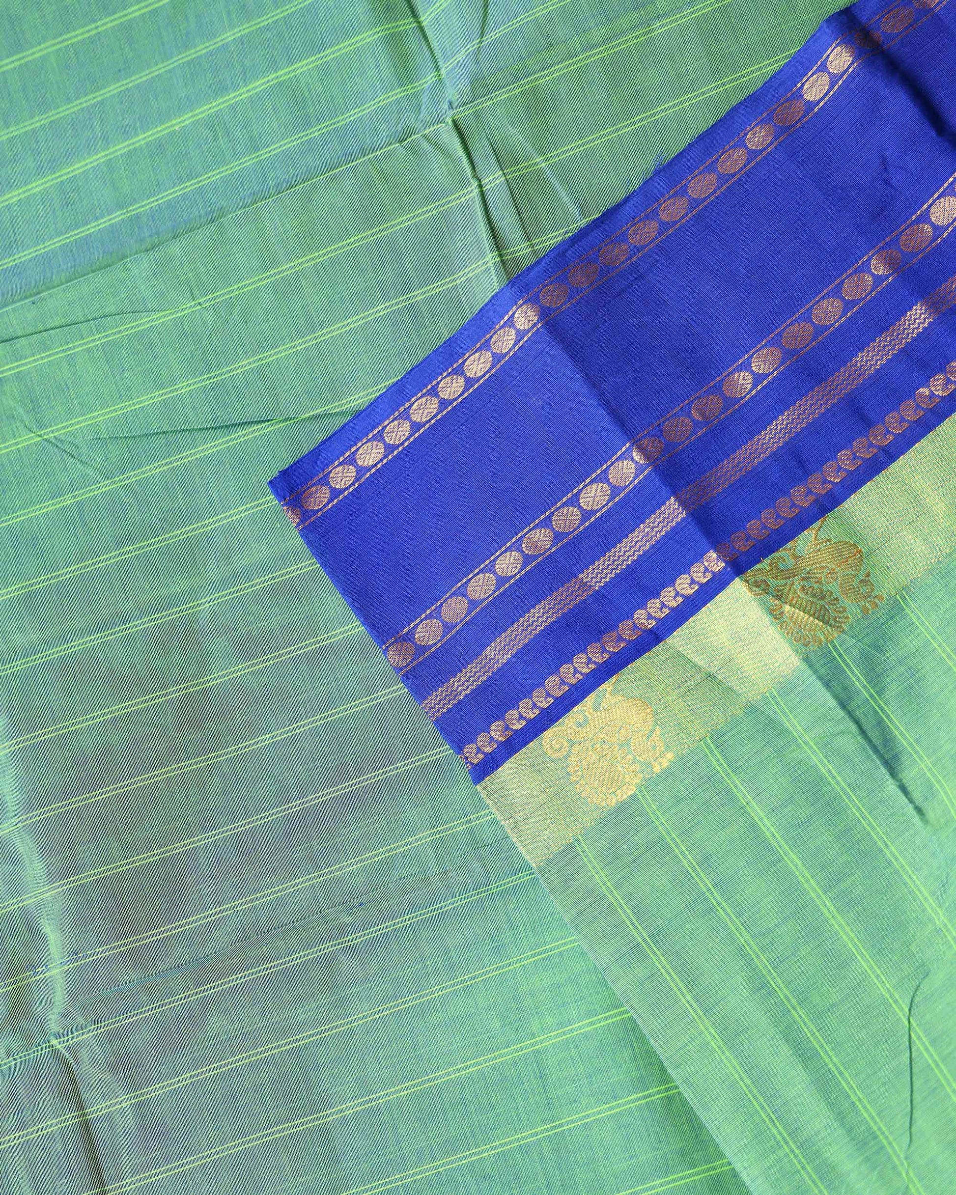 Traditional Chettinad Cotton Saree with Traditional Zari Border - Green-Close